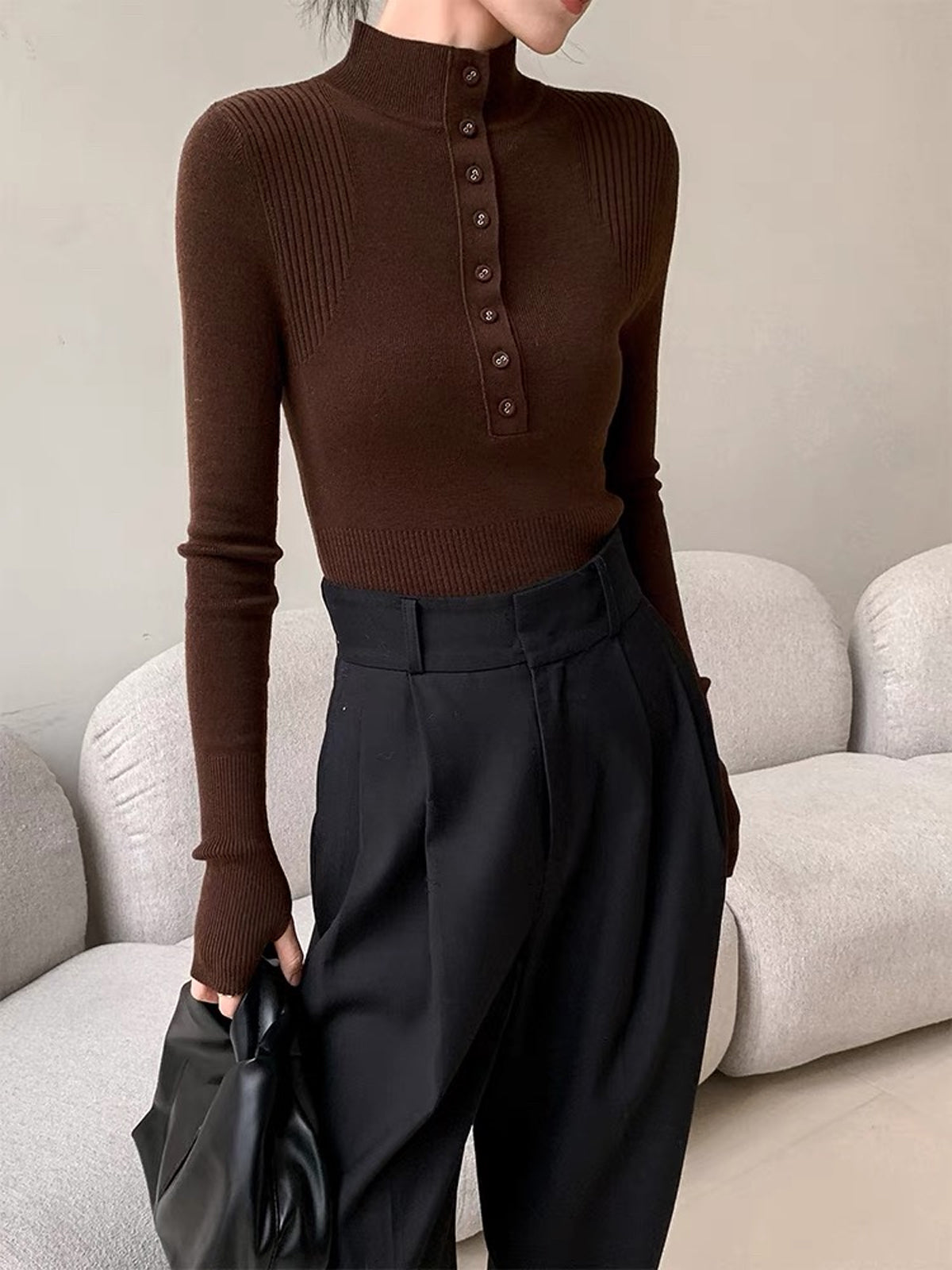 Mock Neck Breasted Slim Sweater-Chicvia