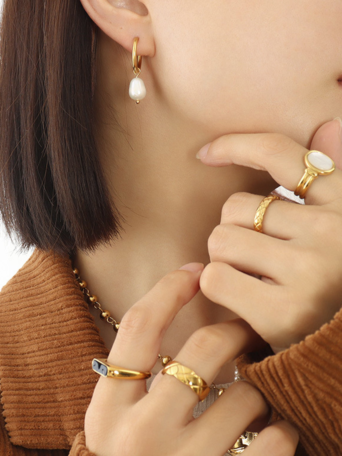 Hoop-Ring Pearl Drop Earrings-Chicvia