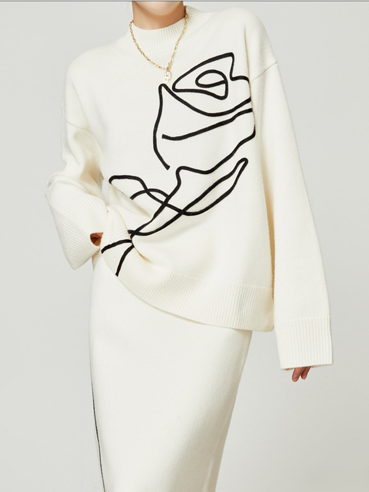 Knit-Floral Pullover Sweater-Chicvia