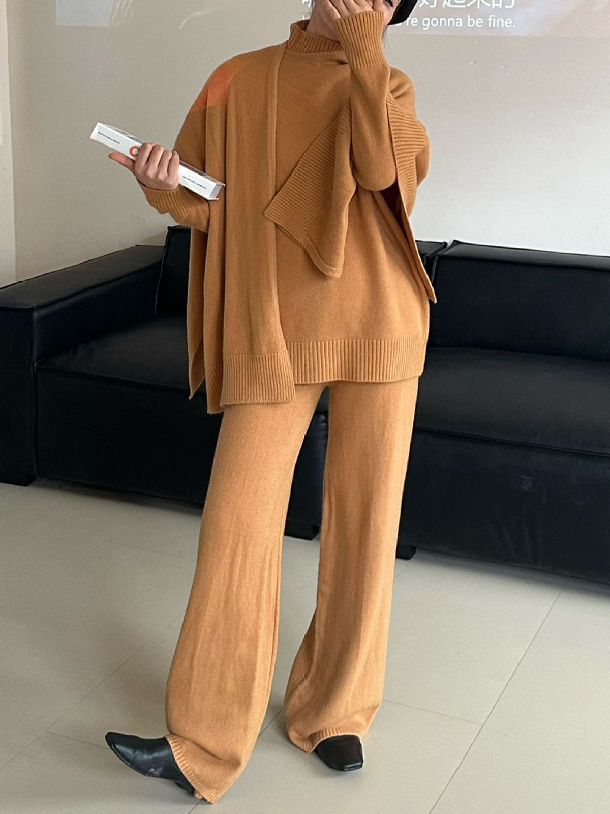 Plain Mock Neck Three-Piece Sweater Pants Set-Chicvia