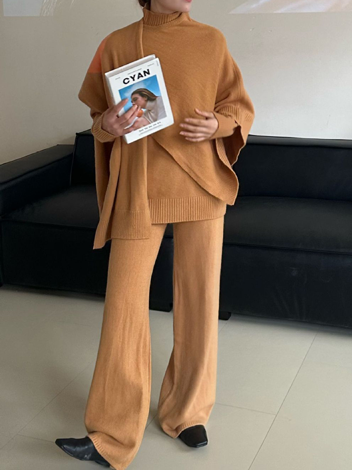 Plain Mock Neck Three-Piece Sweater Pants Set-Chicvia