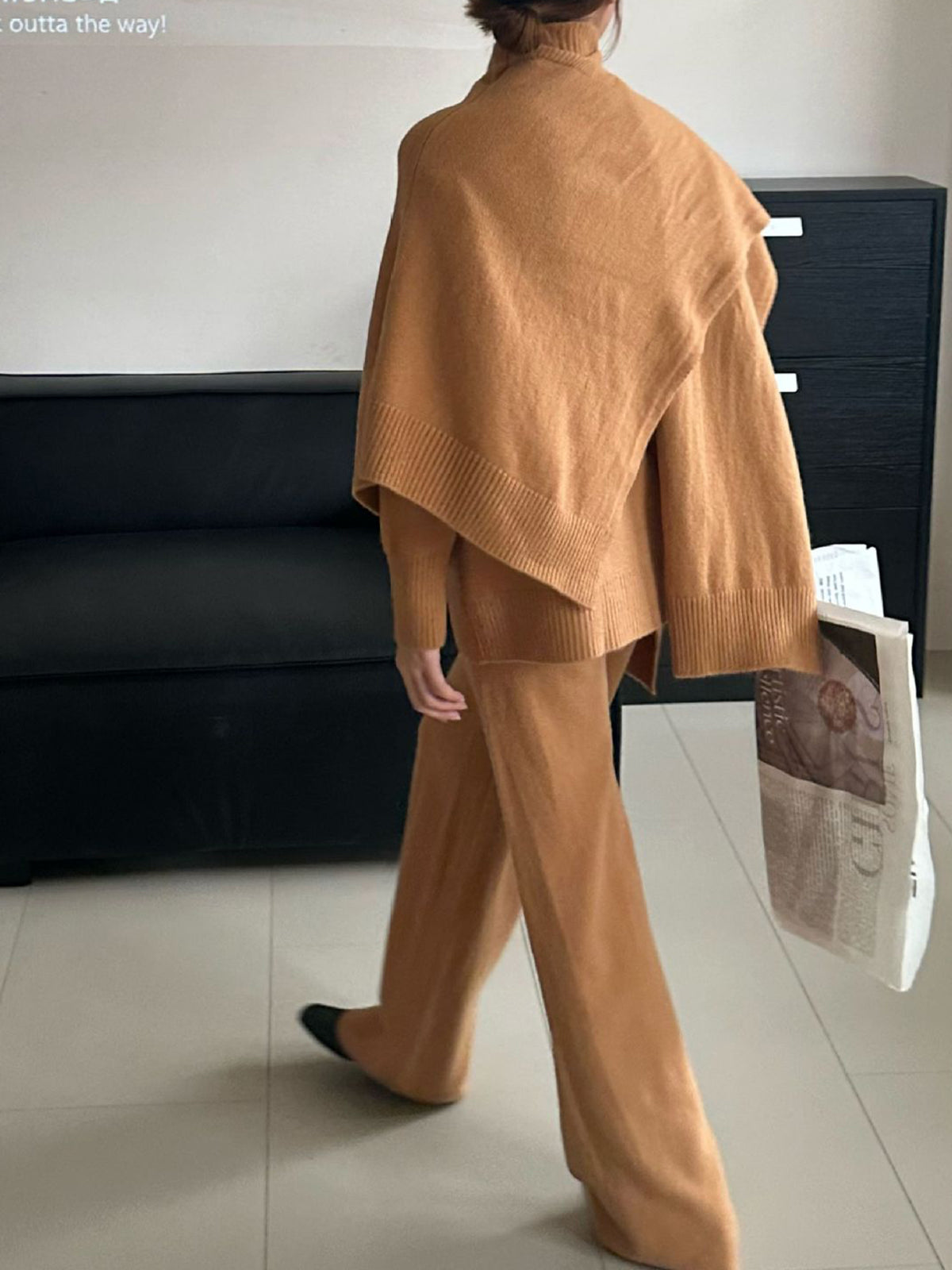 Plain Mock Neck Three-Piece Sweater Pants Set-Chicvia