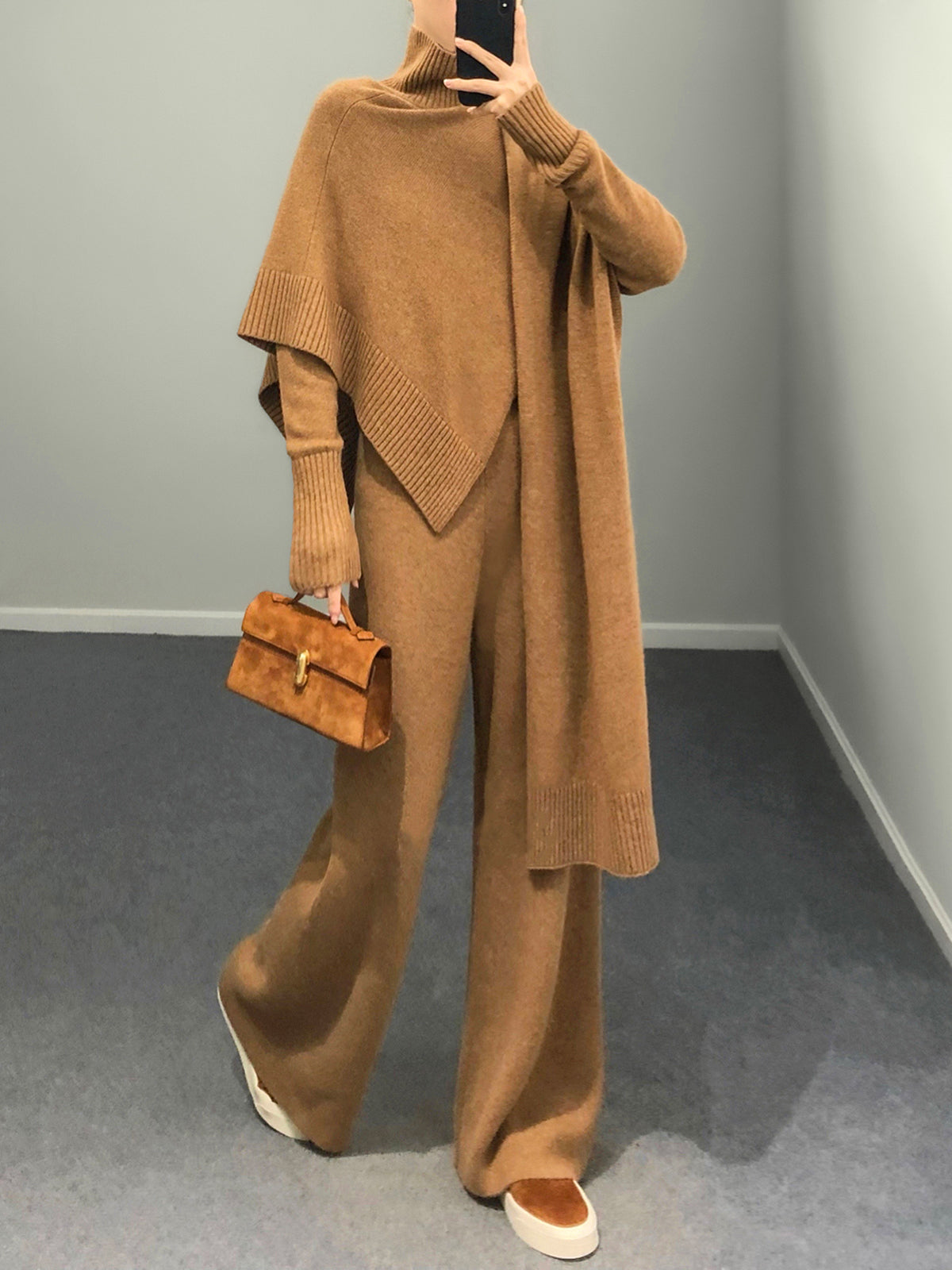 Plain Mock Neck Three-Piece Sweater Pants Set-Chicvia