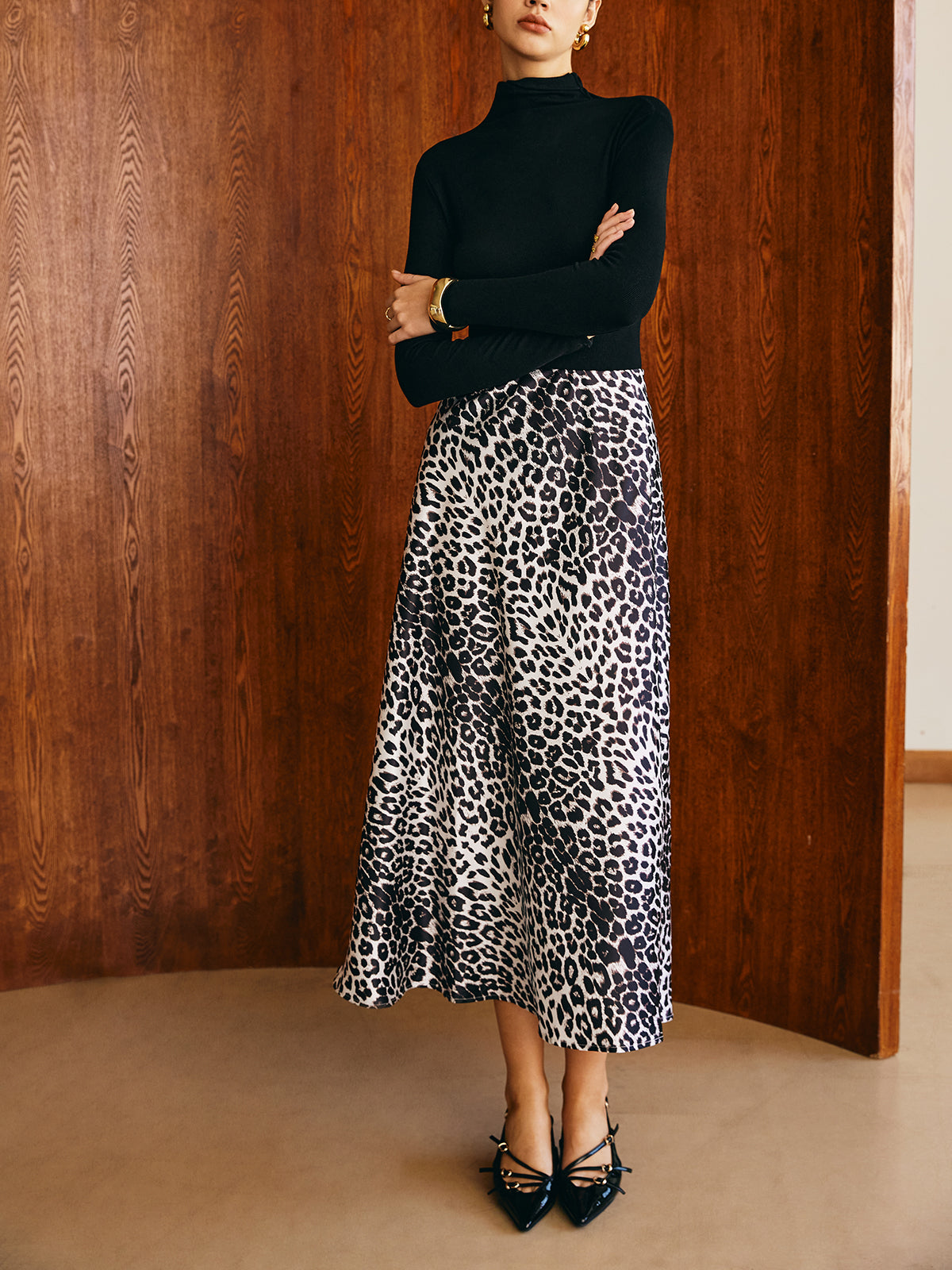 Leopard Printed Midi Skirt-Chicvia
