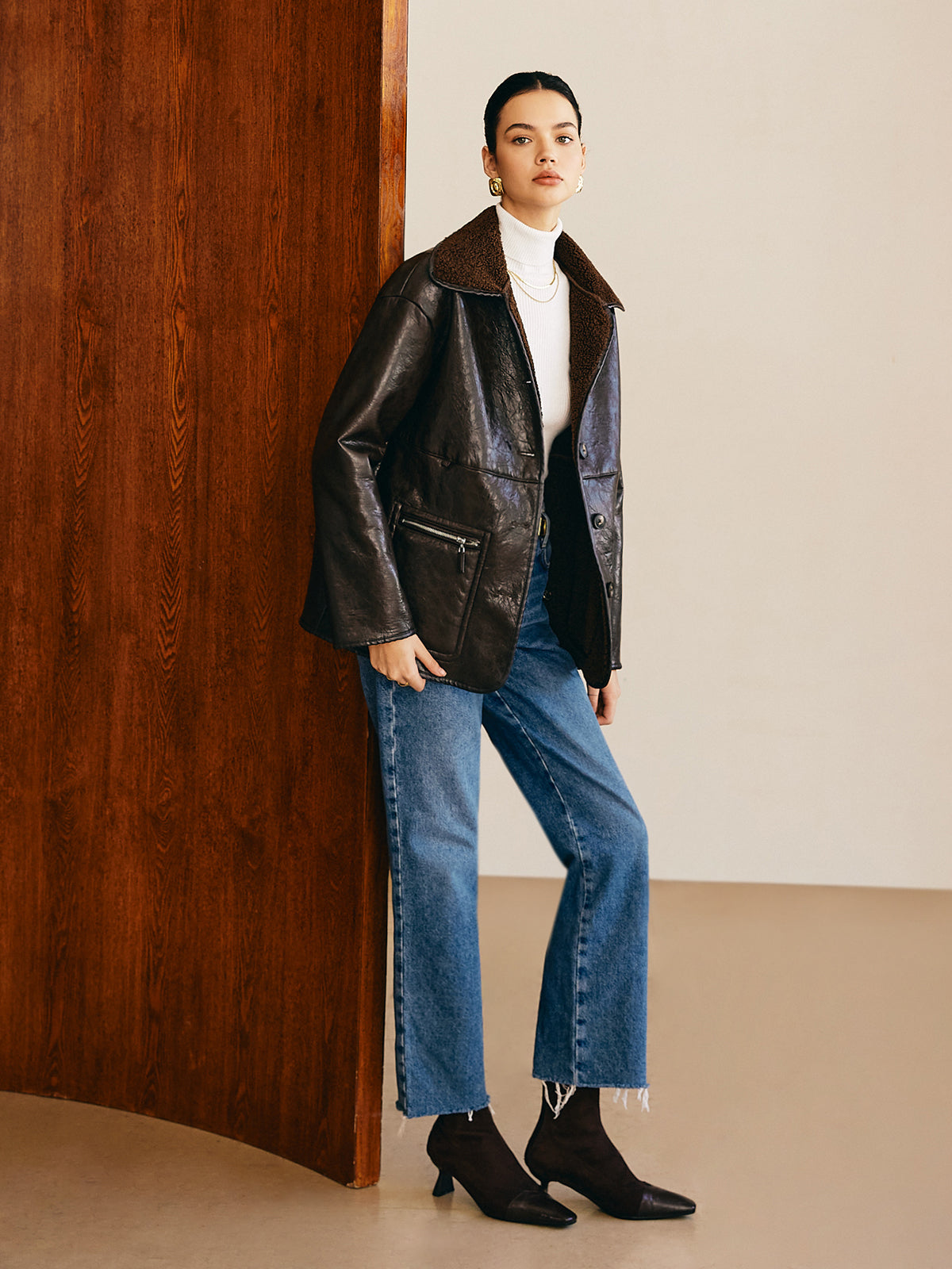 Double-Sided Faux Leather Fleece Jacket-Chicvia