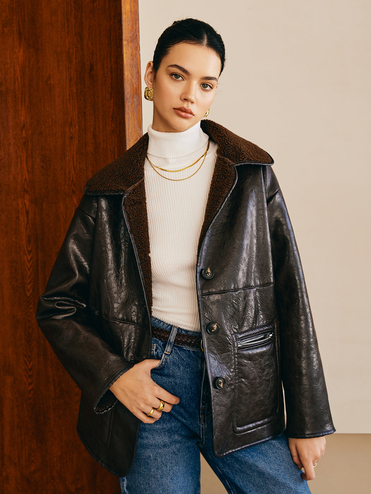 Double-Sided Faux Leather Fleece Jacket-Chicvia