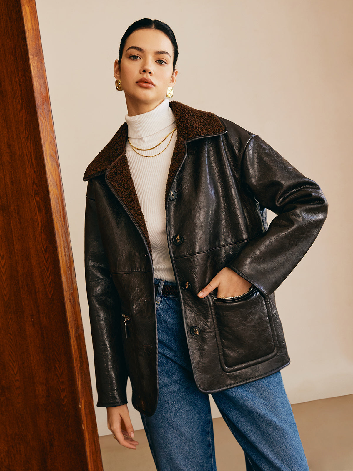 Double-Sided Faux Leather Fleece Jacket-Chicvia