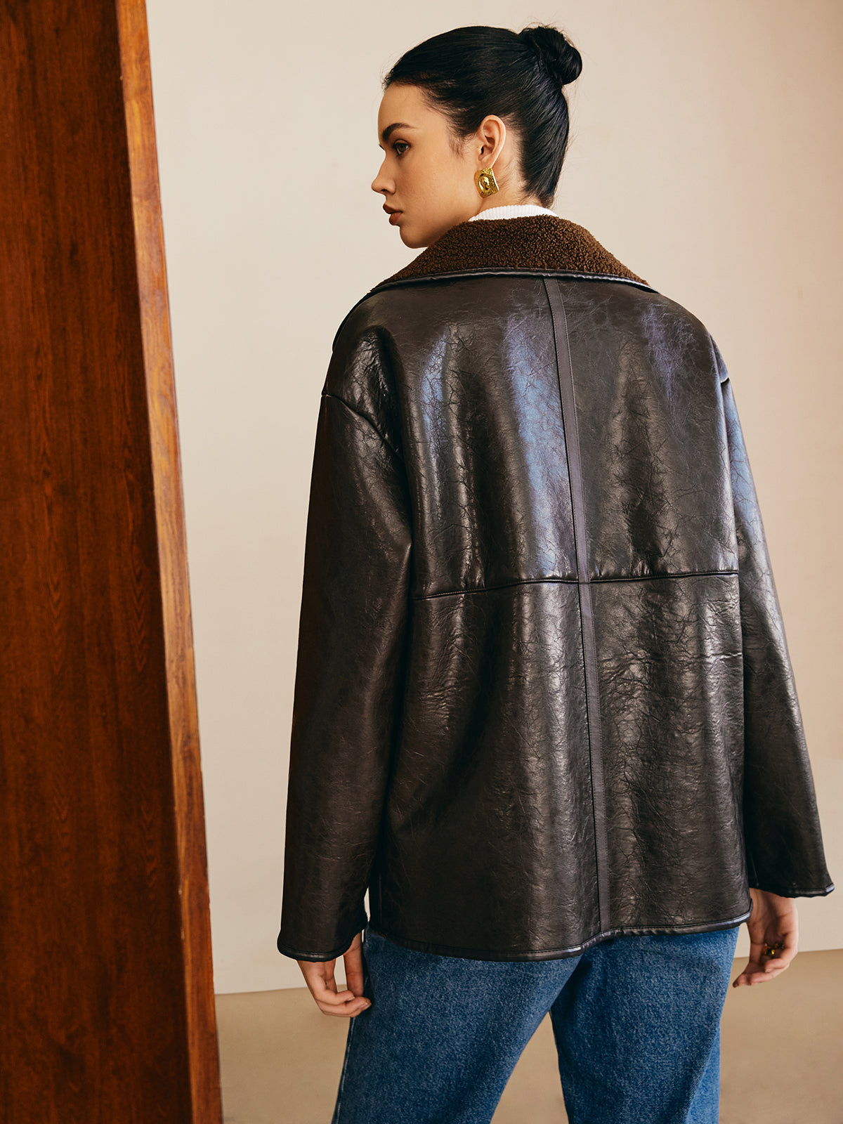 Double-Sided Faux Leather Fleece Jacket-Chicvia