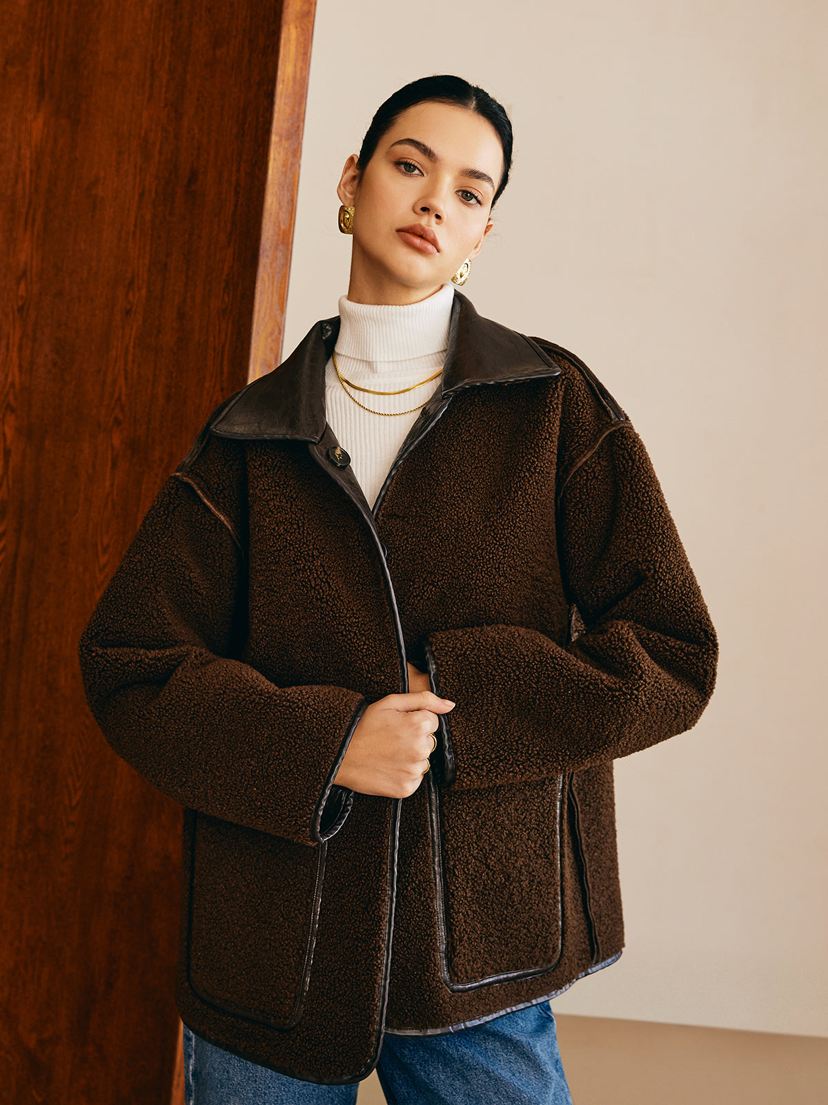 Double-Sided Faux Leather Fleece Jacket-Chicvia