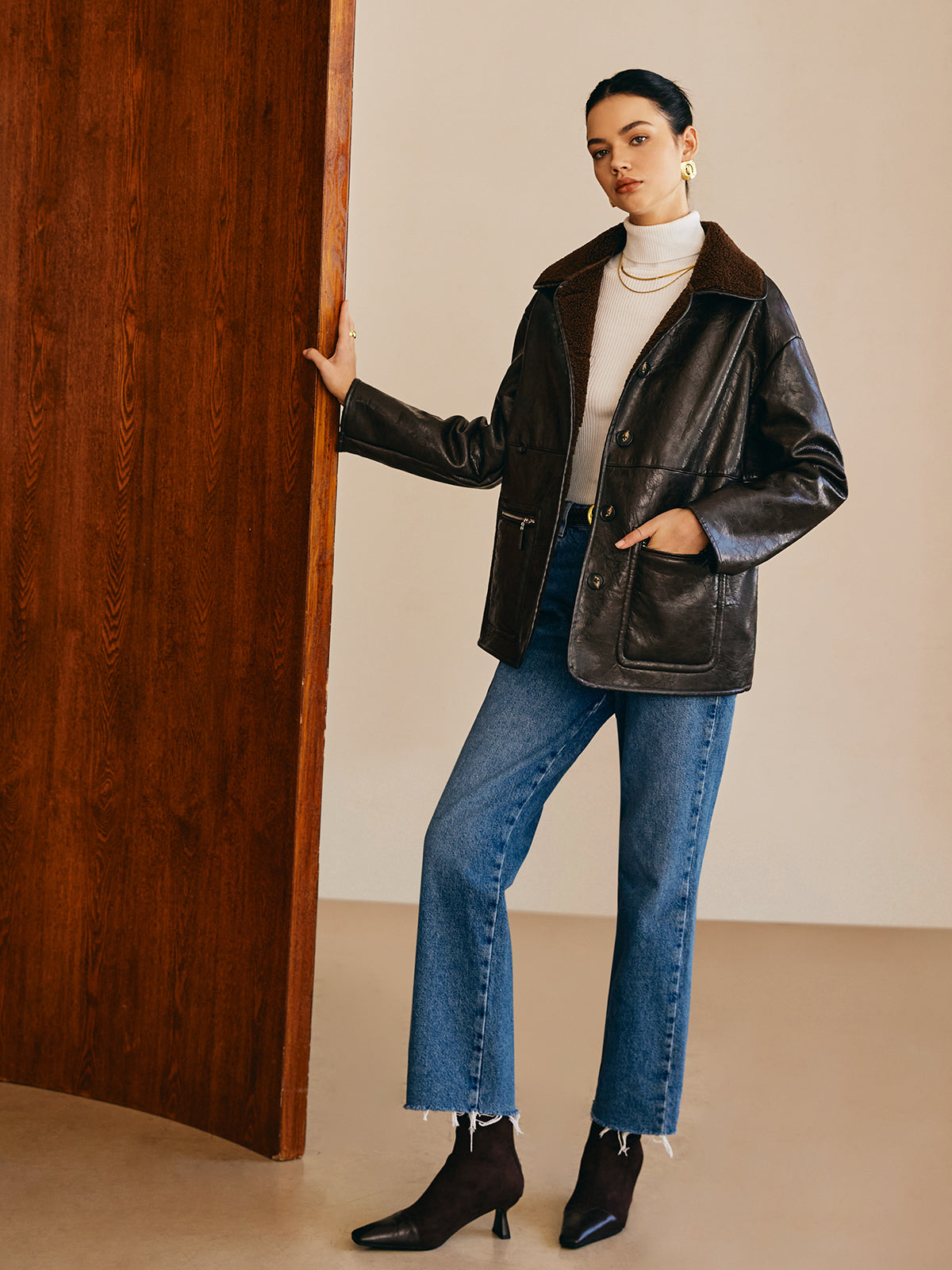 Double-Sided Faux Leather Fleece Jacket-Chicvia