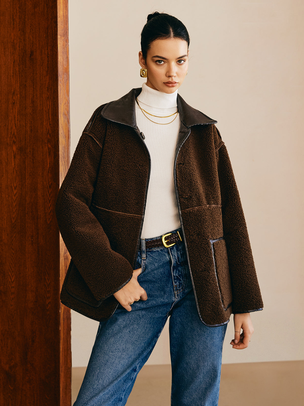 Double-Sided Faux Leather Fleece Jacket-Chicvia