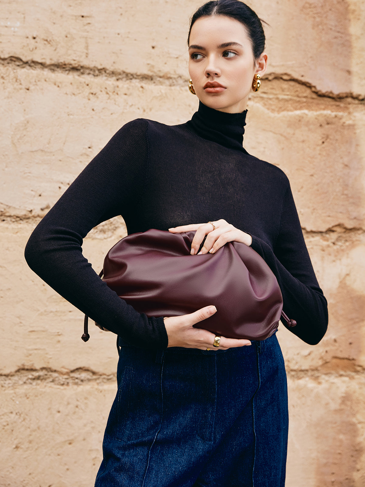 Drawstring Soft Clutch Bag-Chicvia