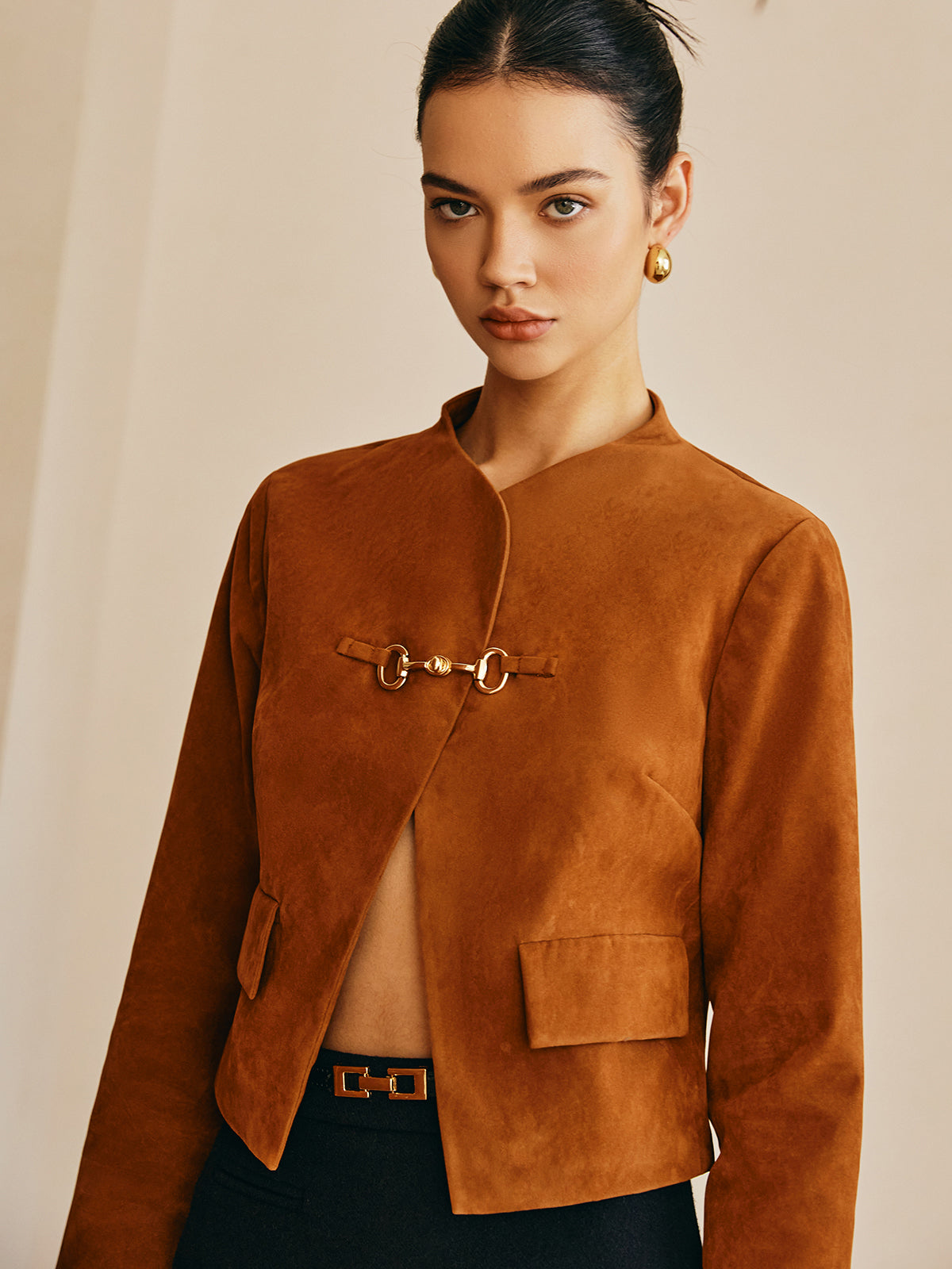 Metal-Detail Suede Effect Jacket-Chicvia