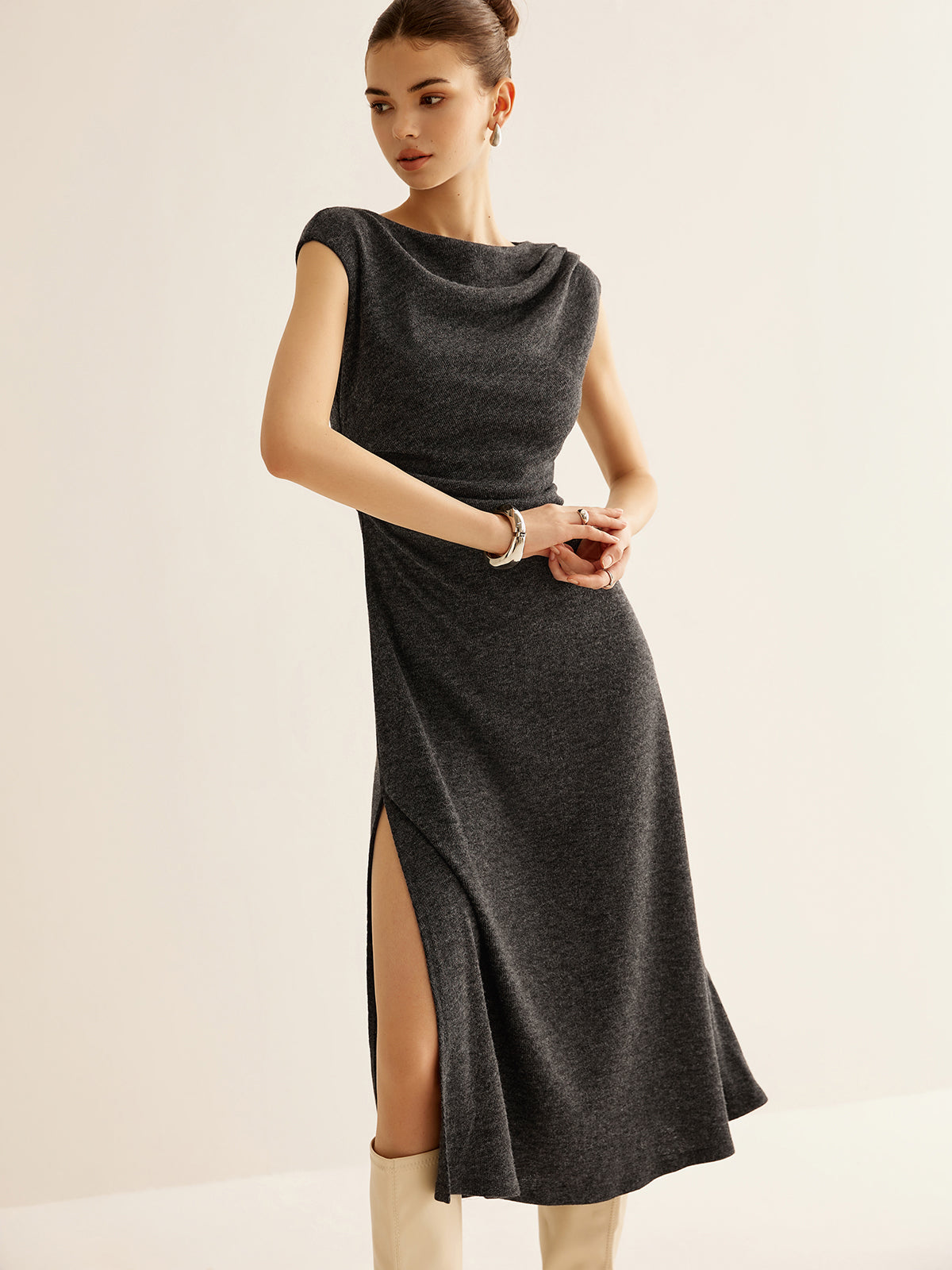 Ribbed Sleeveless Pleated Slim Dress-Chicvia