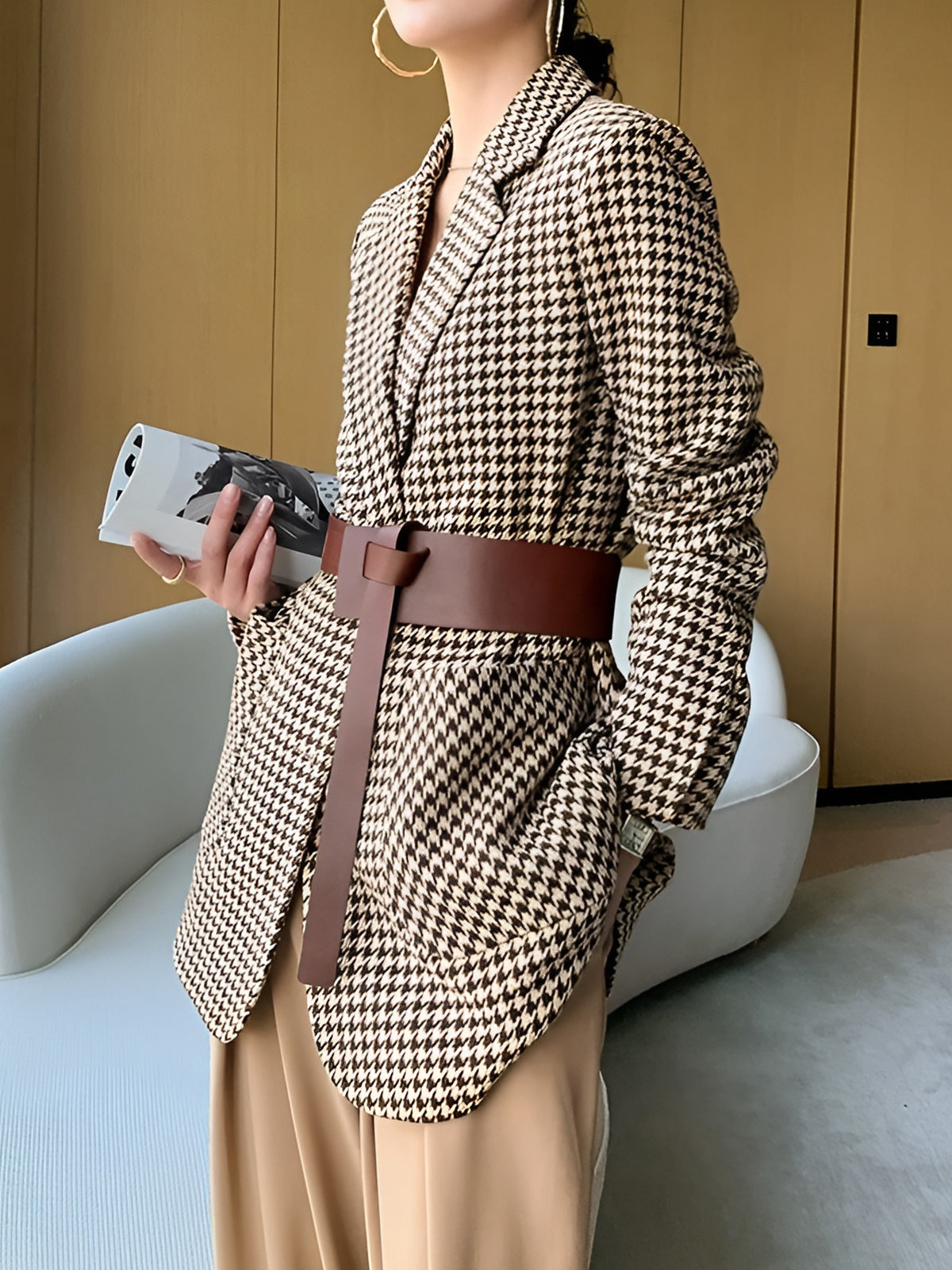 Houndstooth Split Blazer With Belt-Chicvia