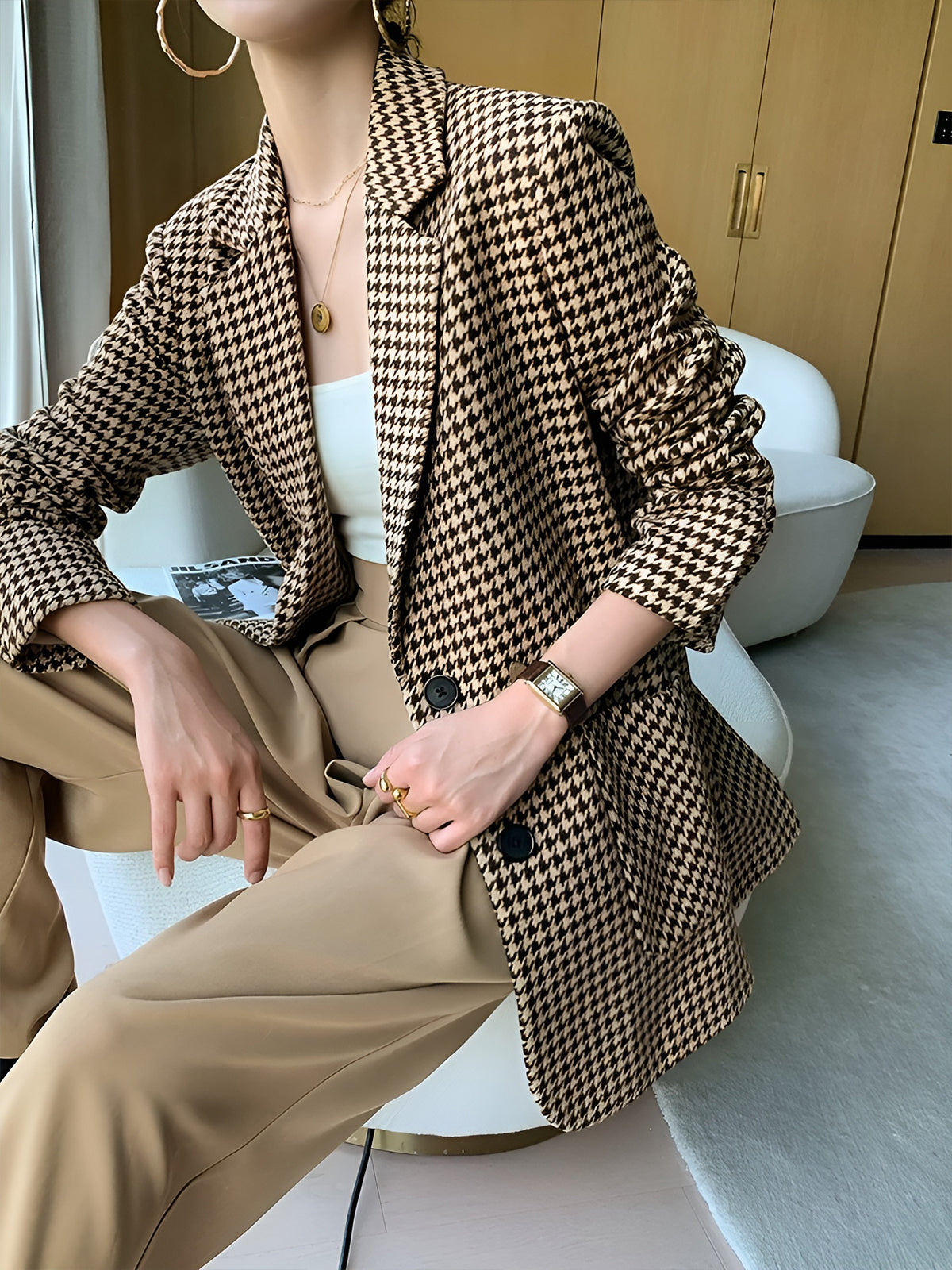 Houndstooth Split Blazer With Belt-Chicvia