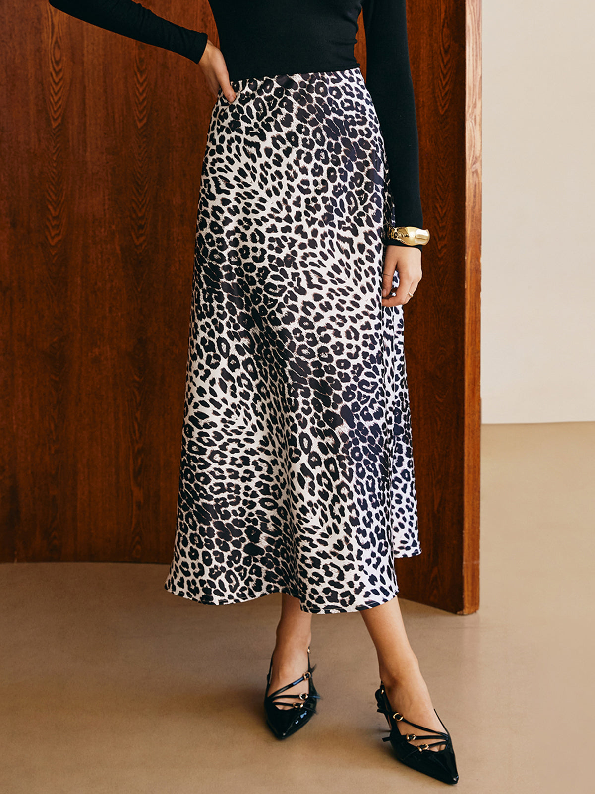 Leopard Printed Midi Skirt-Chicvia