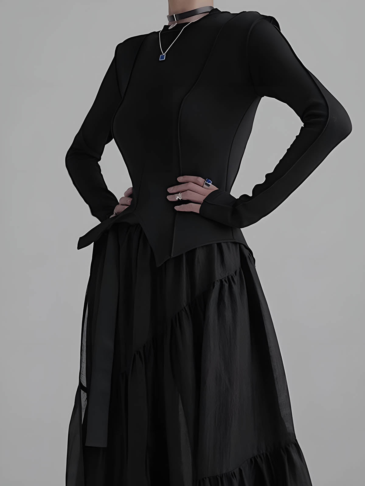 Piping Slim Jersey Blouse-Chicvia