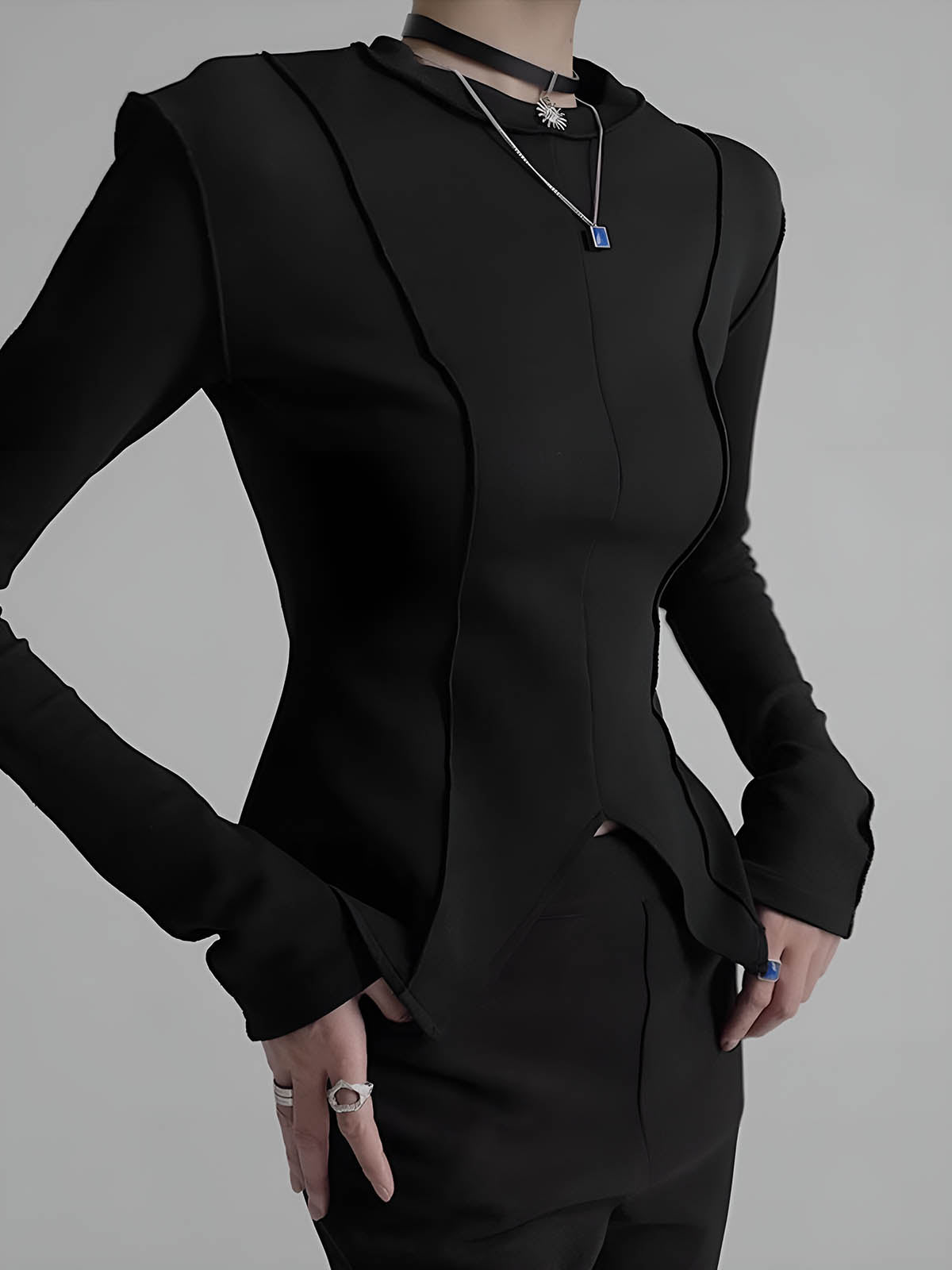 Piping Slim Jersey Blouse-Chicvia