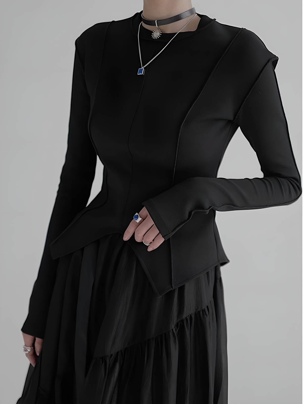 Piping Slim Jersey Blouse-Chicvia