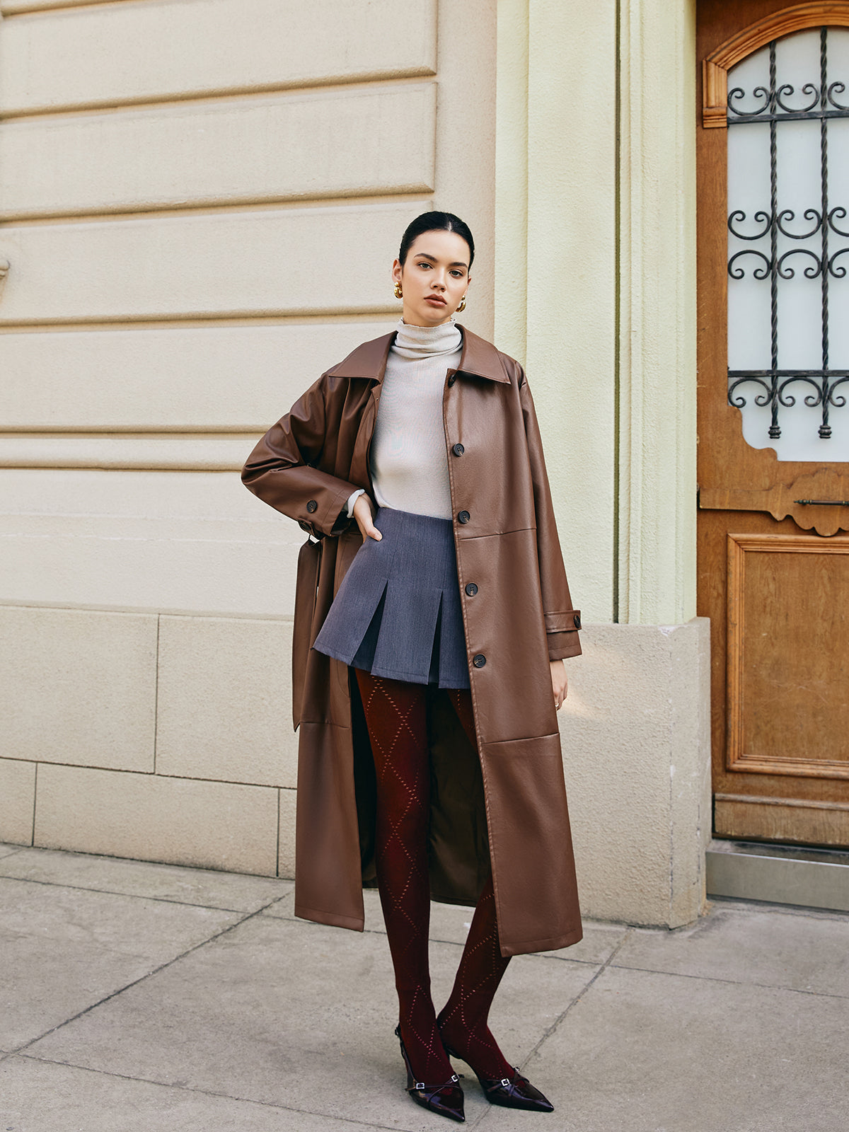 Leisure Faux Leather Long Jacket-Chicvia