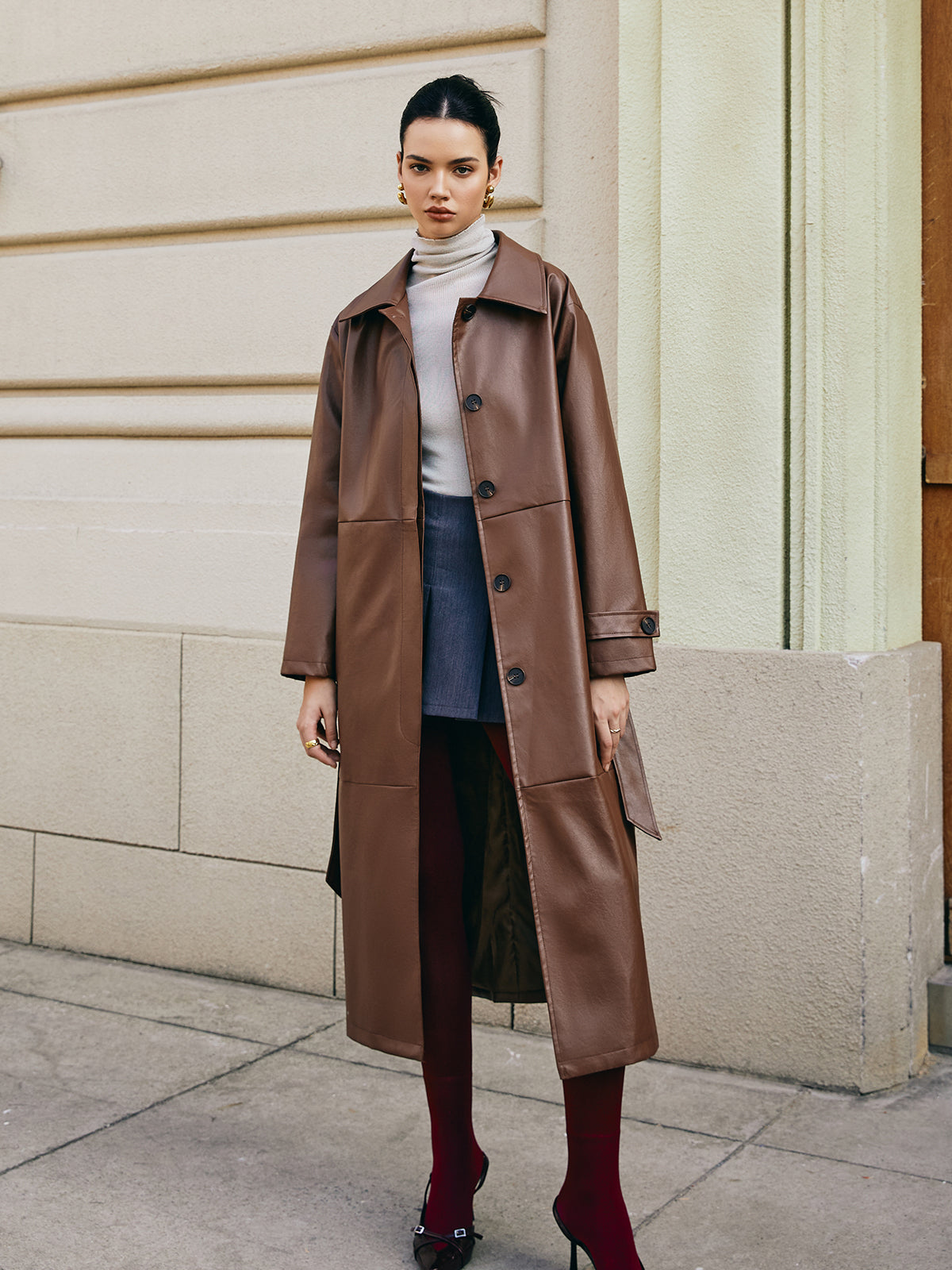 Leisure Faux Leather Long Jacket-Chicvia