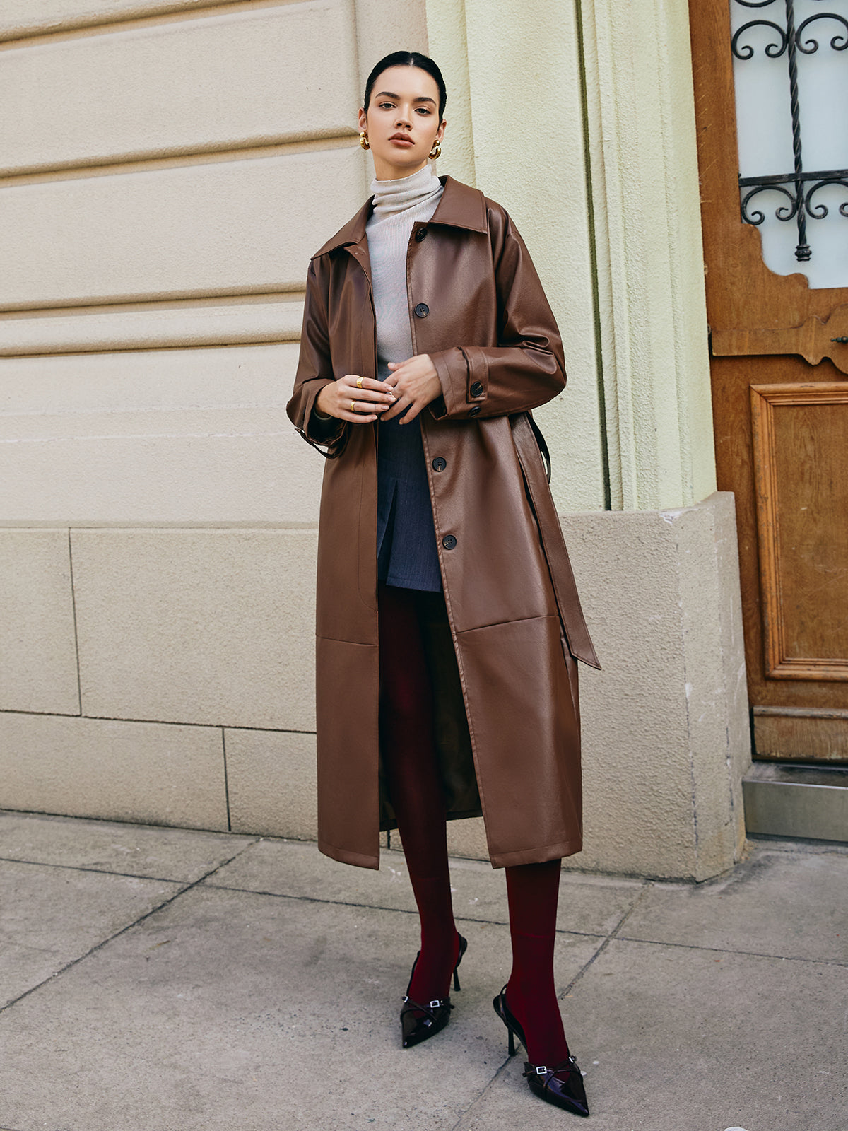 Leisure Faux Leather Long Jacket-Chicvia