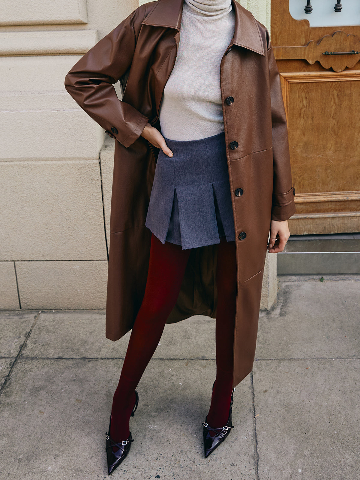 Leisure Faux Leather Long Jacket-Chicvia