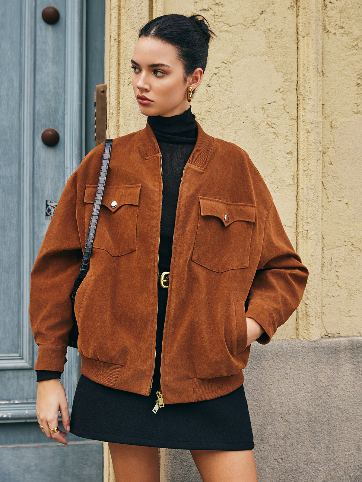 Flap-Pockets Zipper Suede Effect Jacket-Chicvia