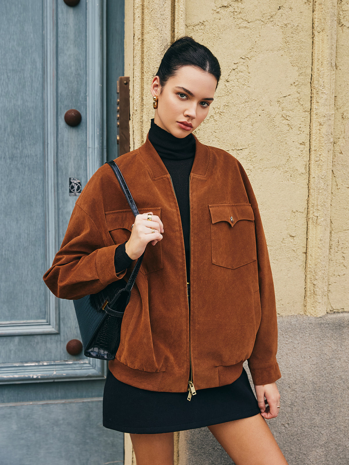 Flap-Pockets Zipper Suede Effect Jacket-Chicvia