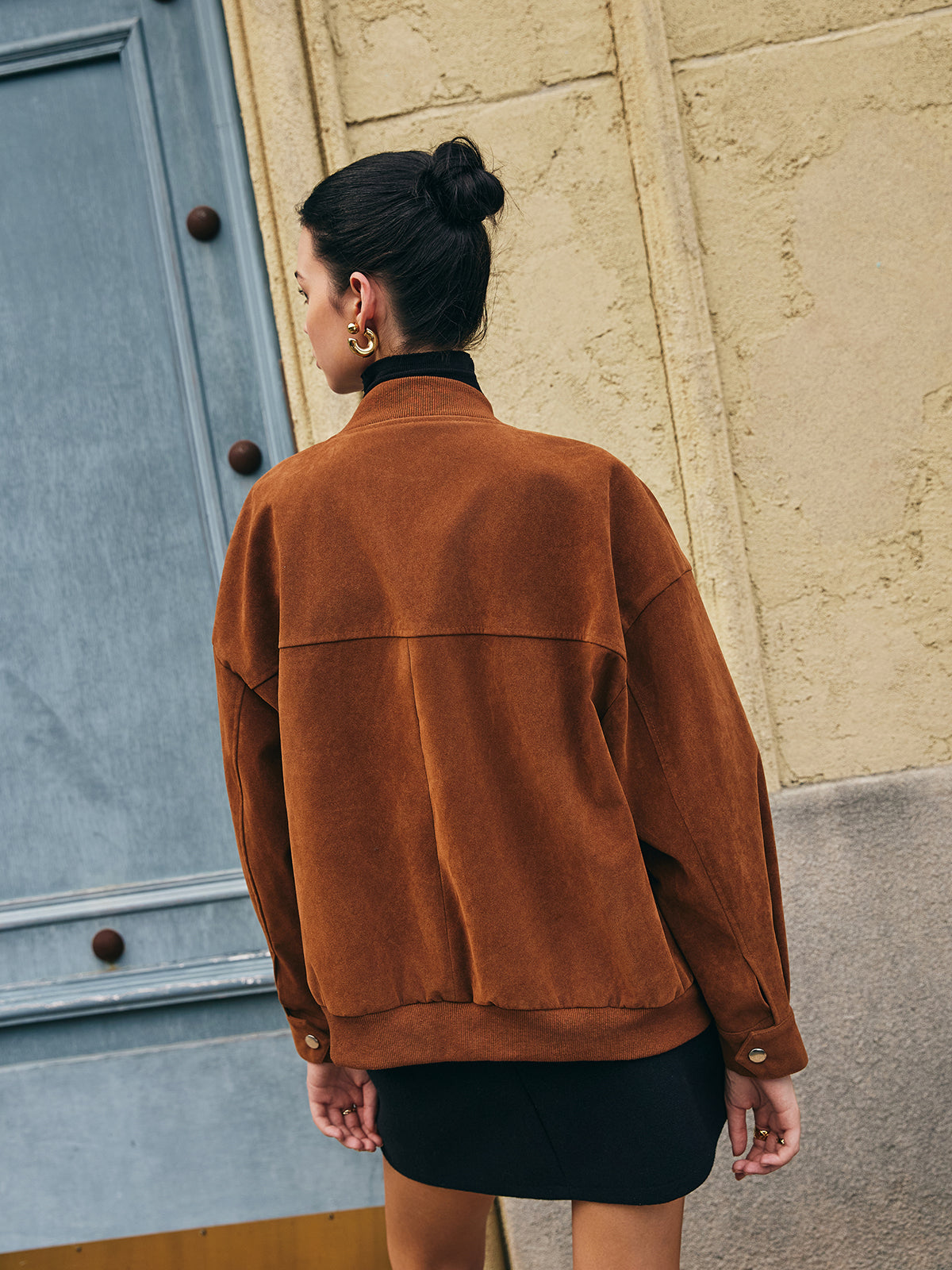 Flap-Pockets Zipper Suede Effect Jacket-Chicvia