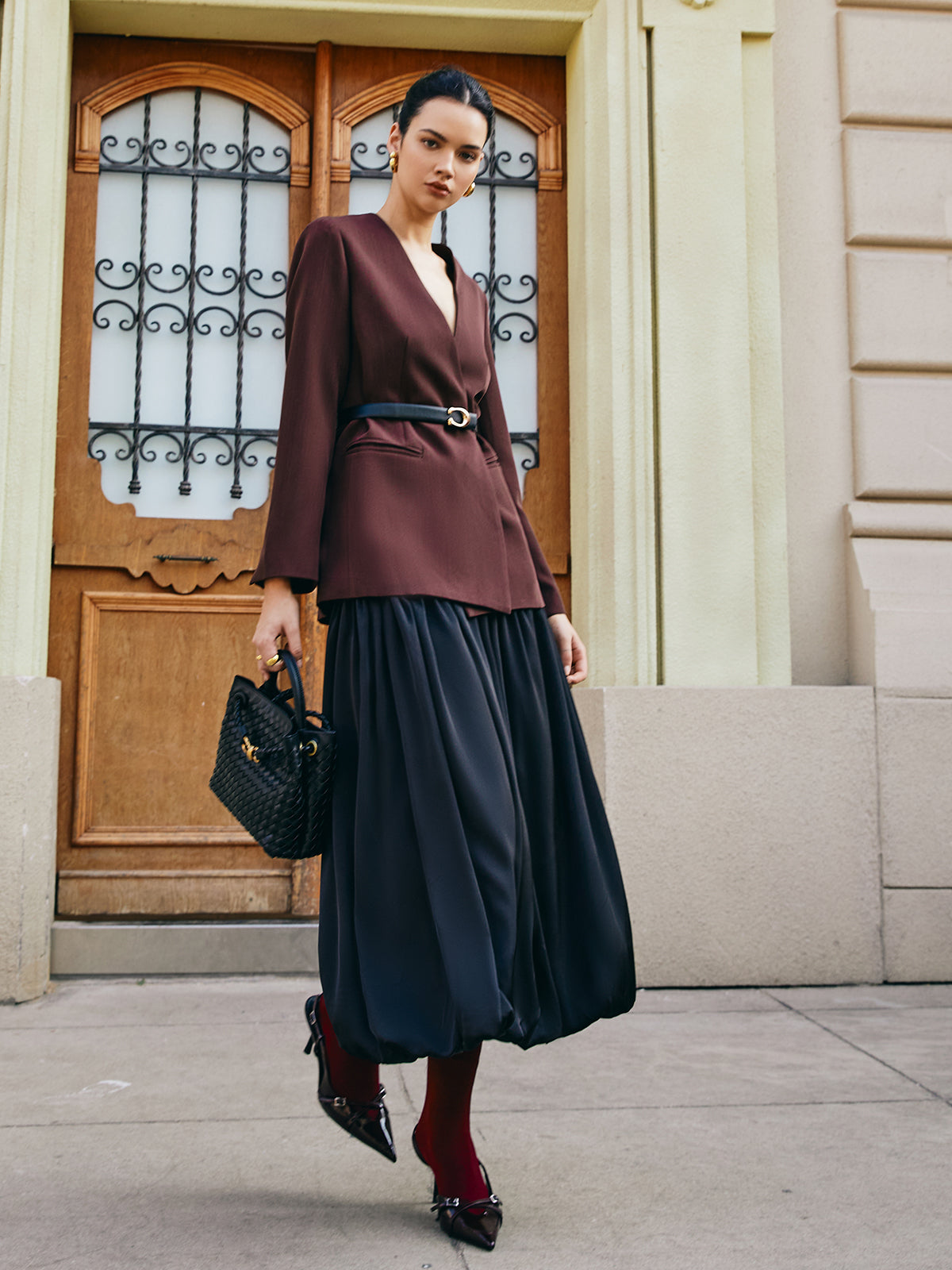 Bud Waist Pleated Satin Skirt-Chicvia