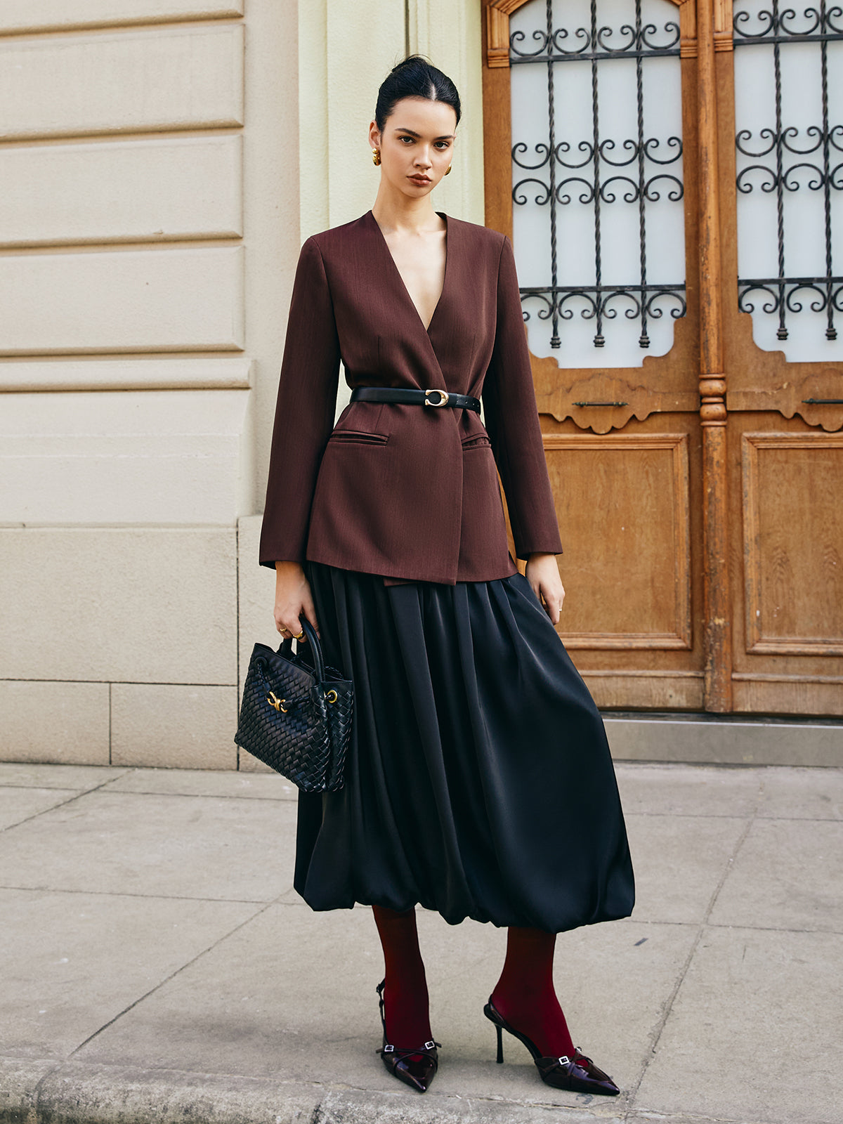 Bud Waist Pleated Satin Skirt-Chicvia