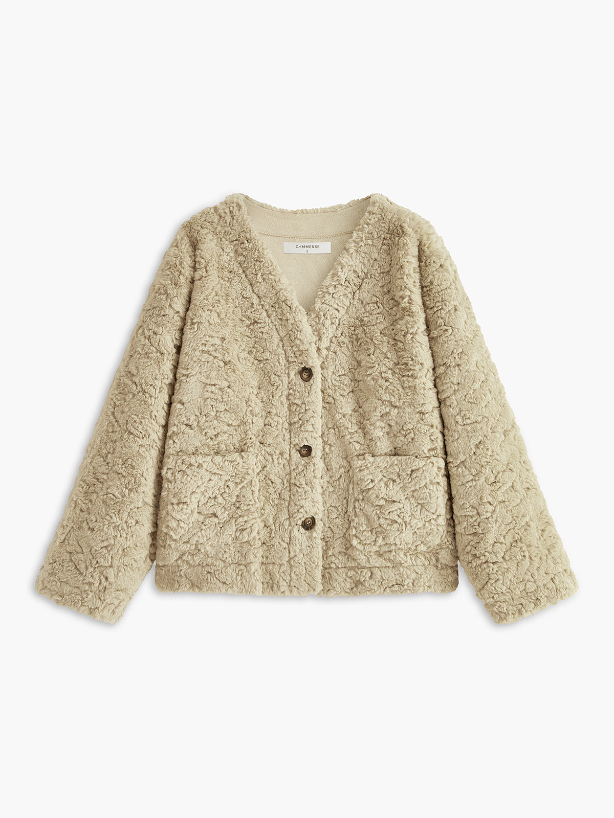 Minky V-Neck Breasted Faux Fur Coat-Chicvia