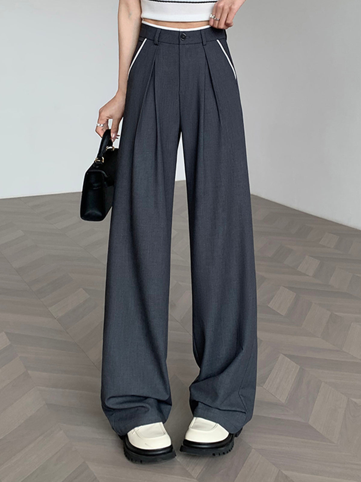 Contrast Trim Pleated Draped Pants-Chicvia