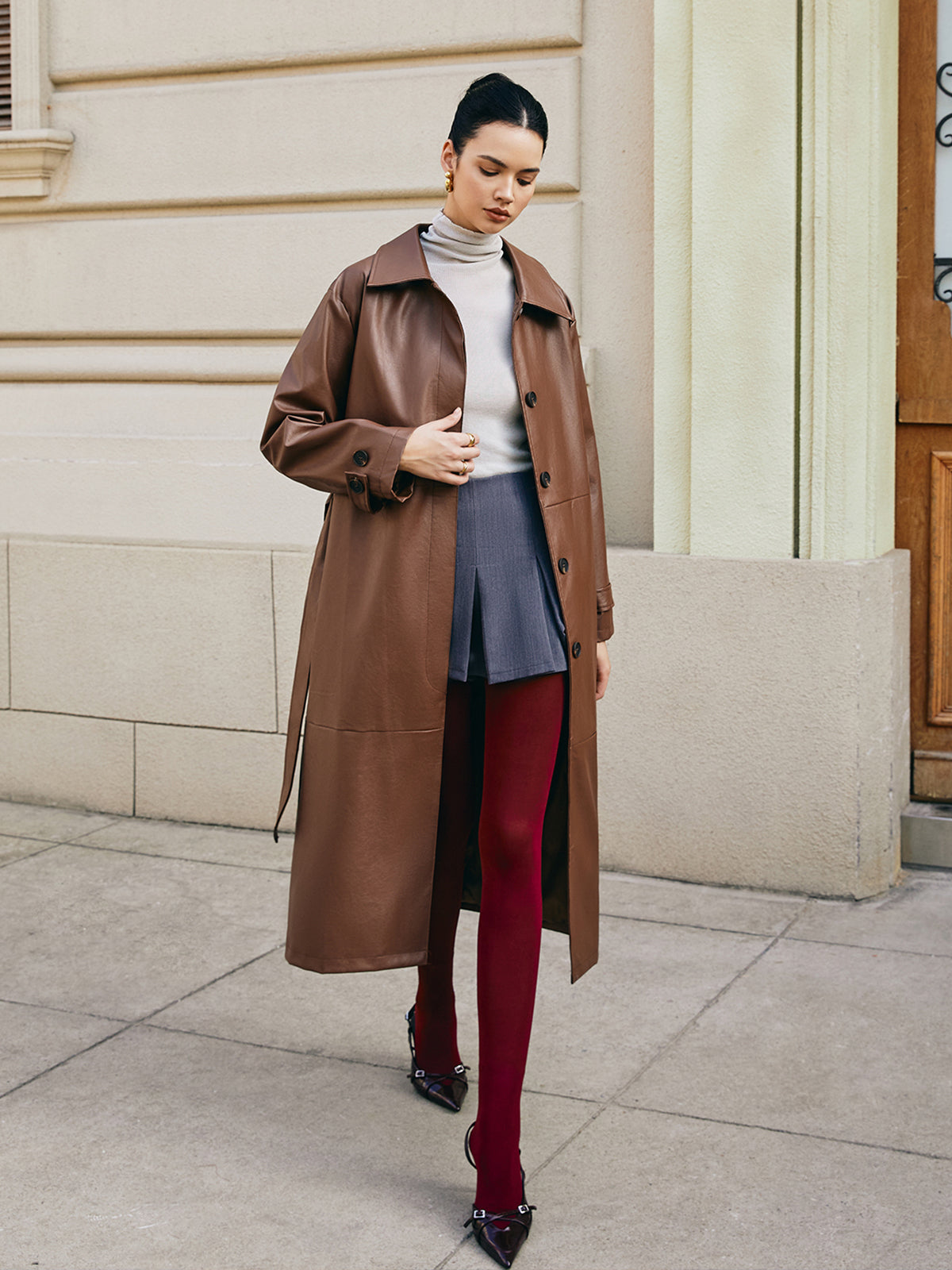 Leisure Faux Leather Long Jacket-Chicvia