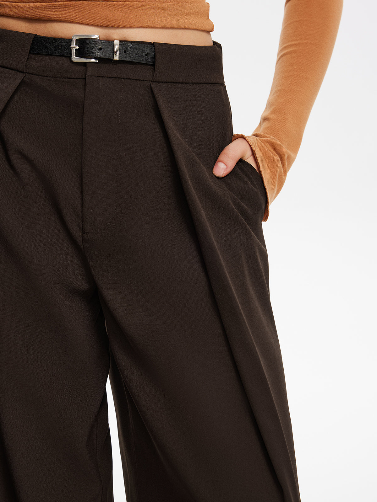Pleated Wide-Leg Pants With Belt-Chicvia
