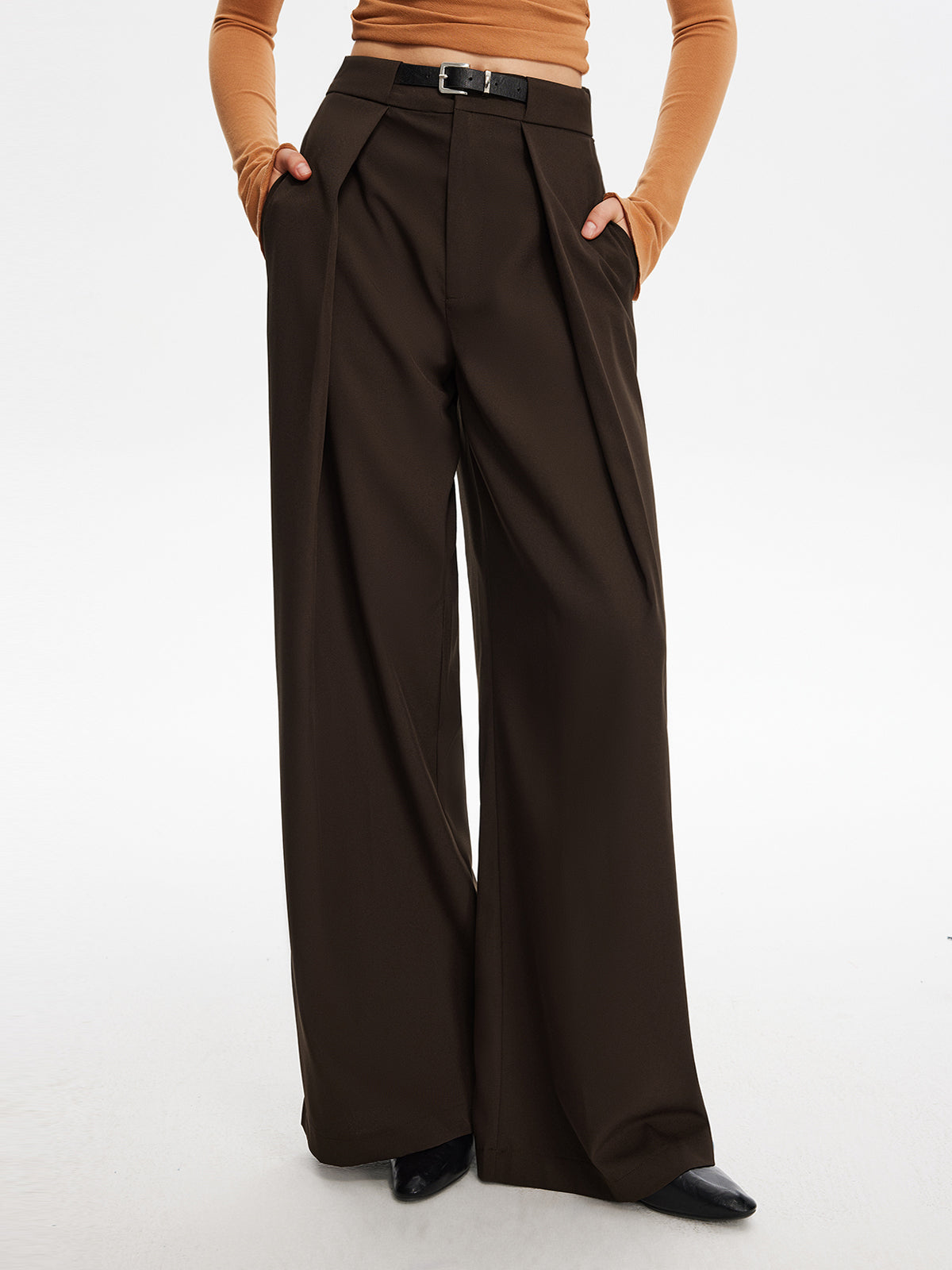 Pleated Wide-Leg Pants With Belt-Chicvia