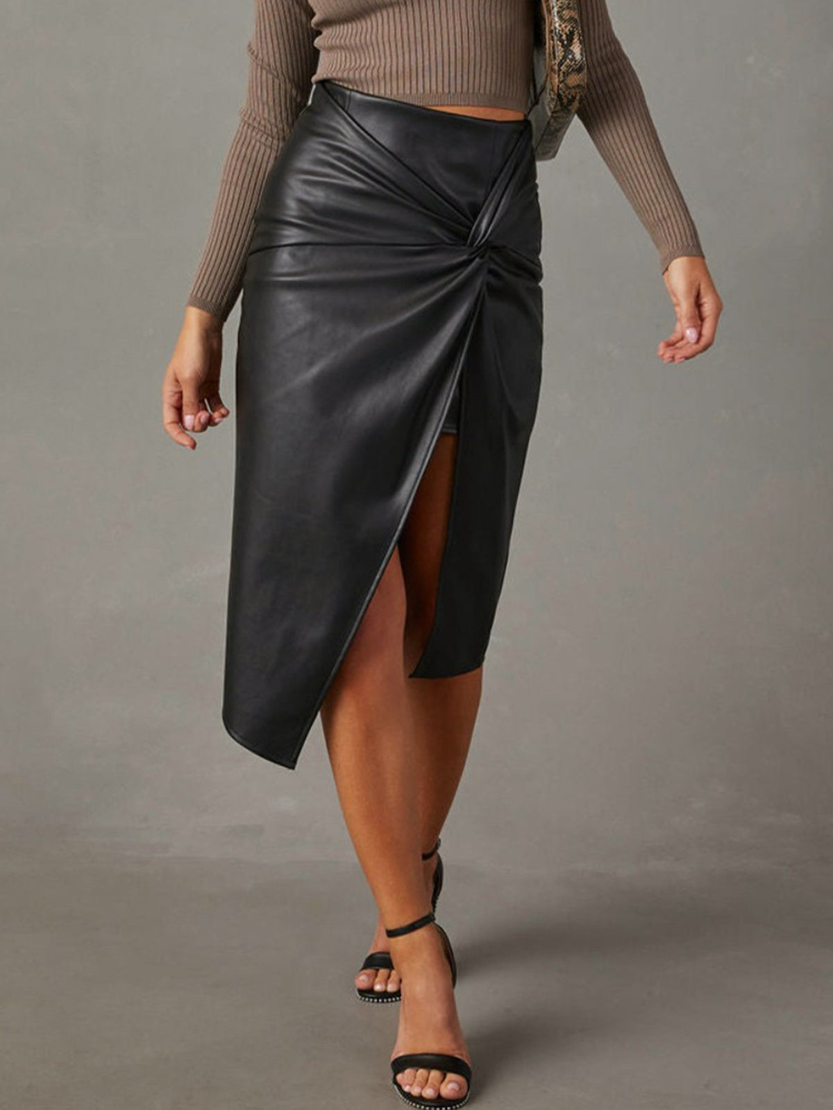 Knotted Slit Faux Leather Skirt-Chicvia