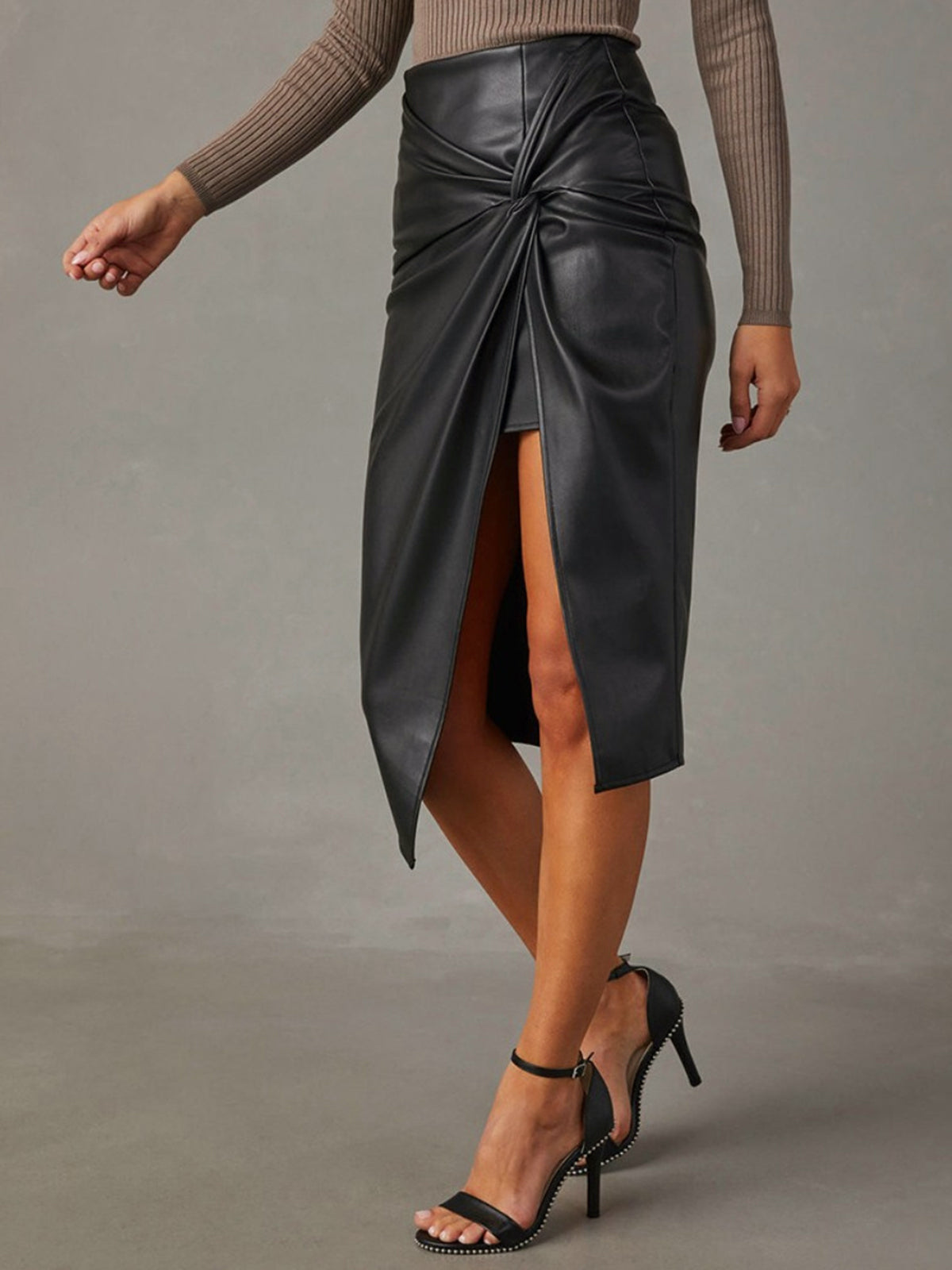 Knotted Slit Faux Leather Skirt-Chicvia