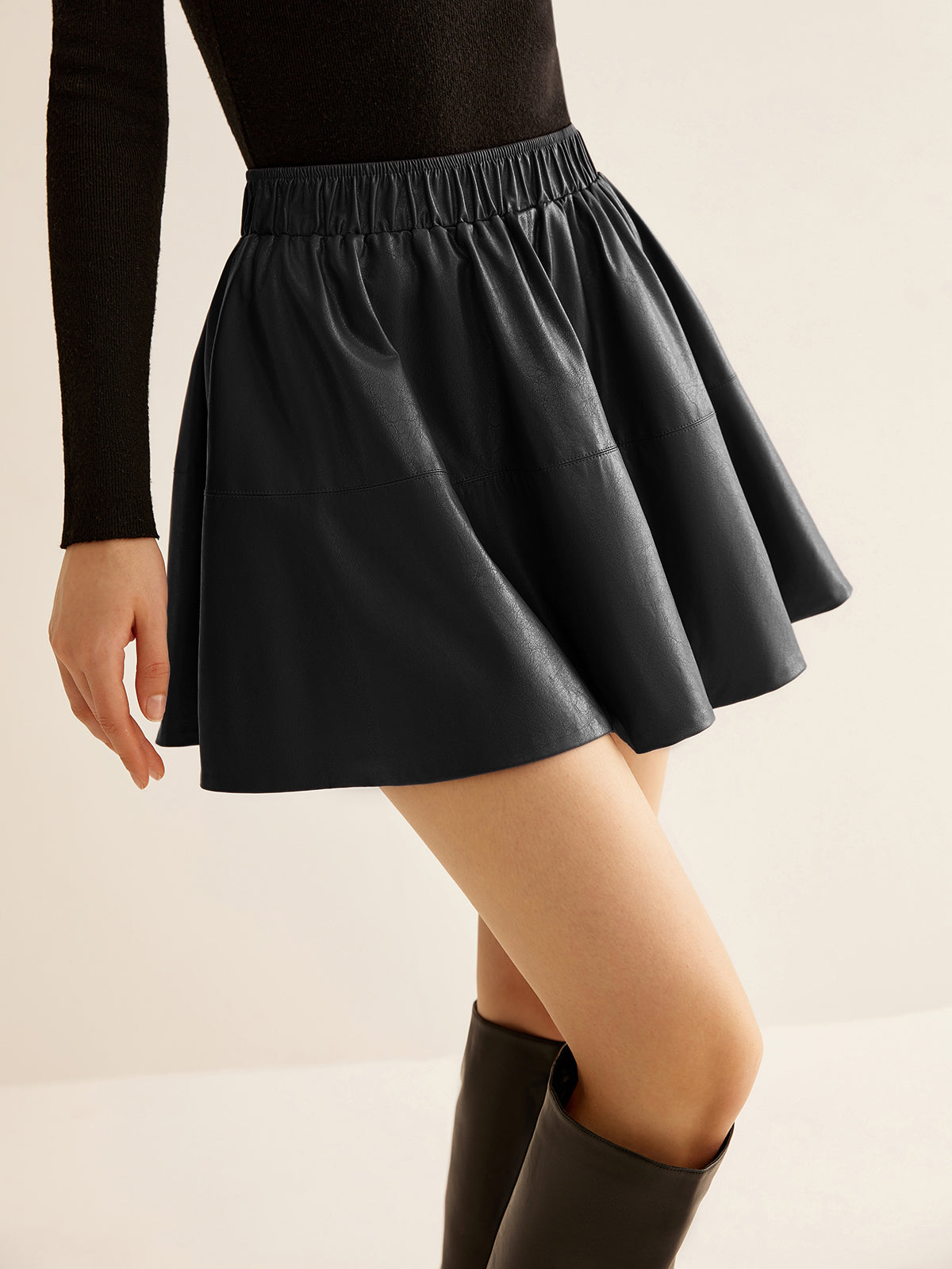Elastic Waist Pleated PU Leather Skirt-Chicvia