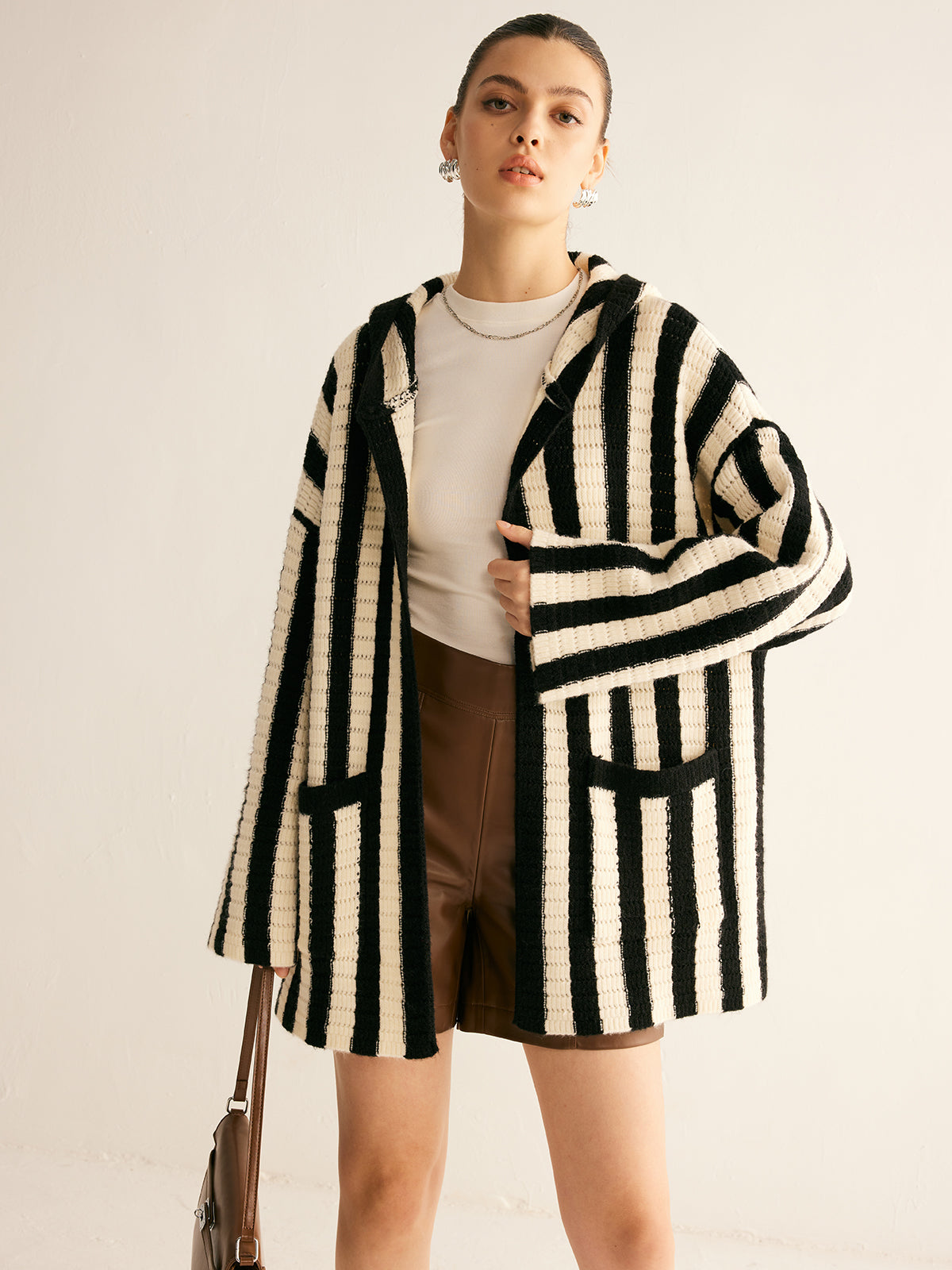 Contrast Pinstripe Hooded Cardigan-Chicvia