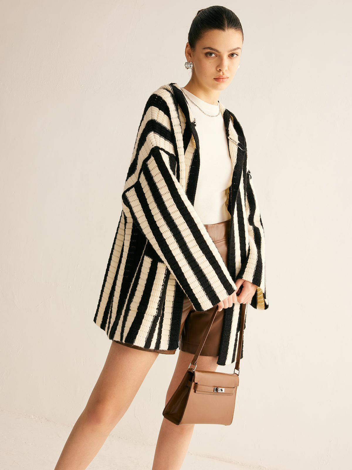 Contrast Pinstripe Hooded Cardigan-Chicvia
