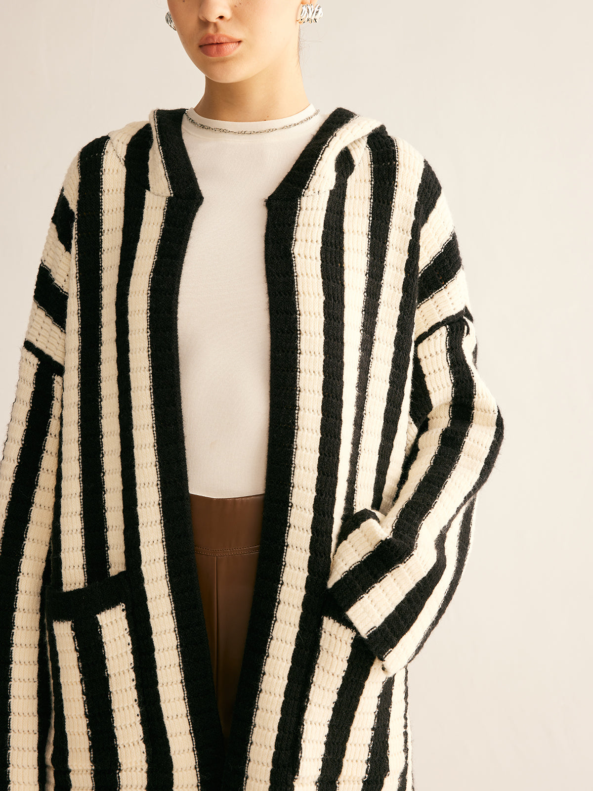 Contrast Pinstripe Hooded Cardigan-Chicvia
