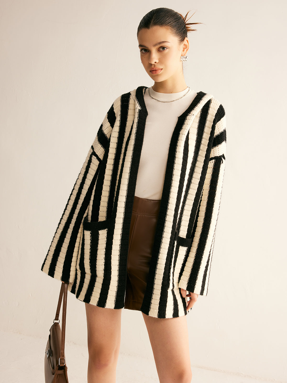Contrast Pinstripe Hooded Cardigan-Chicvia