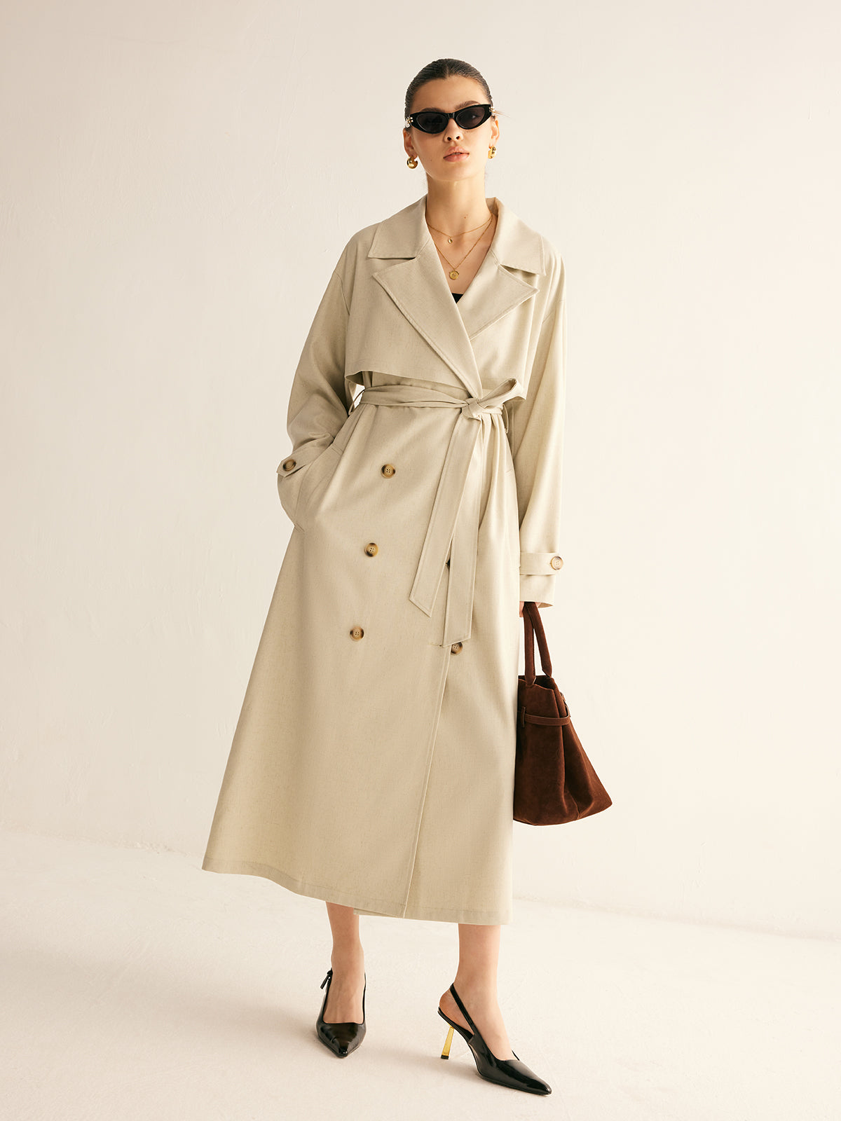 Elegant Pleated Trench Coat With Belt-Chicvia