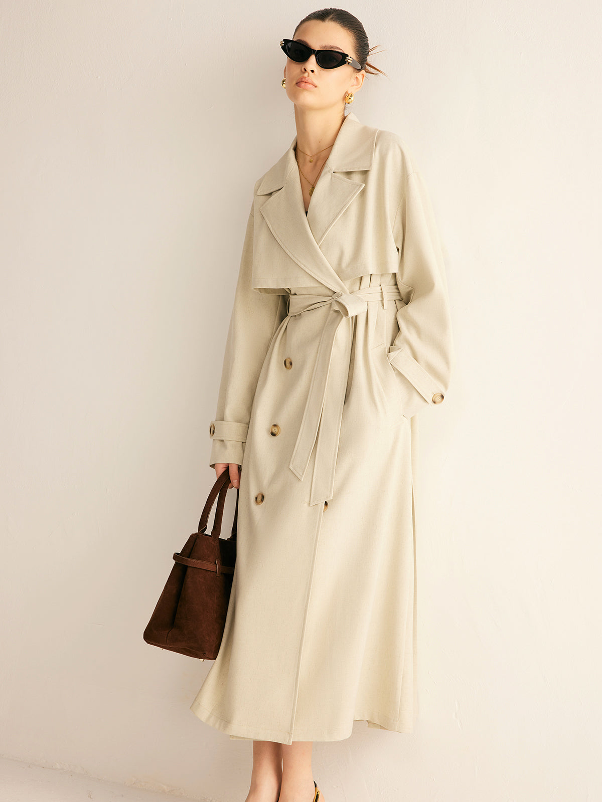 Elegant Pleated Trench Coat With Belt-Chicvia