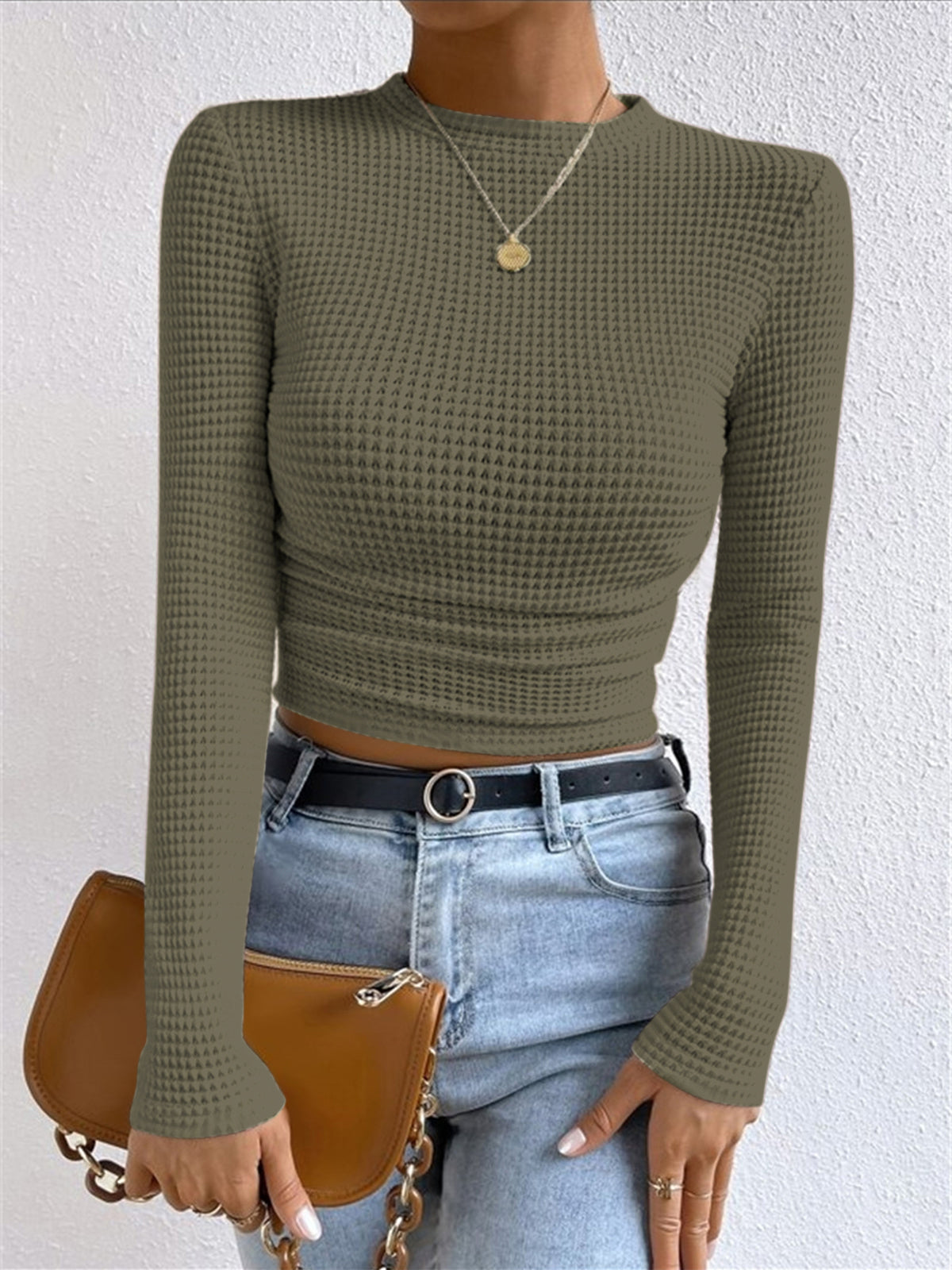Plain Waffle Slim Sweater-Chicvia