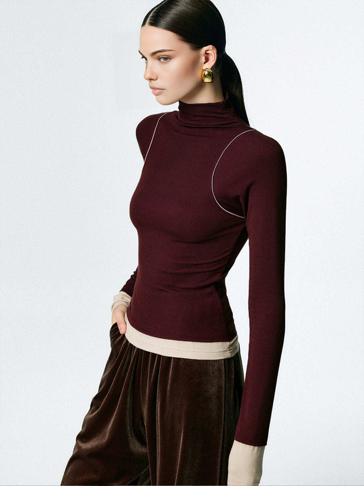Mock Neck Contrast Binding Jersey Top-Chicvia