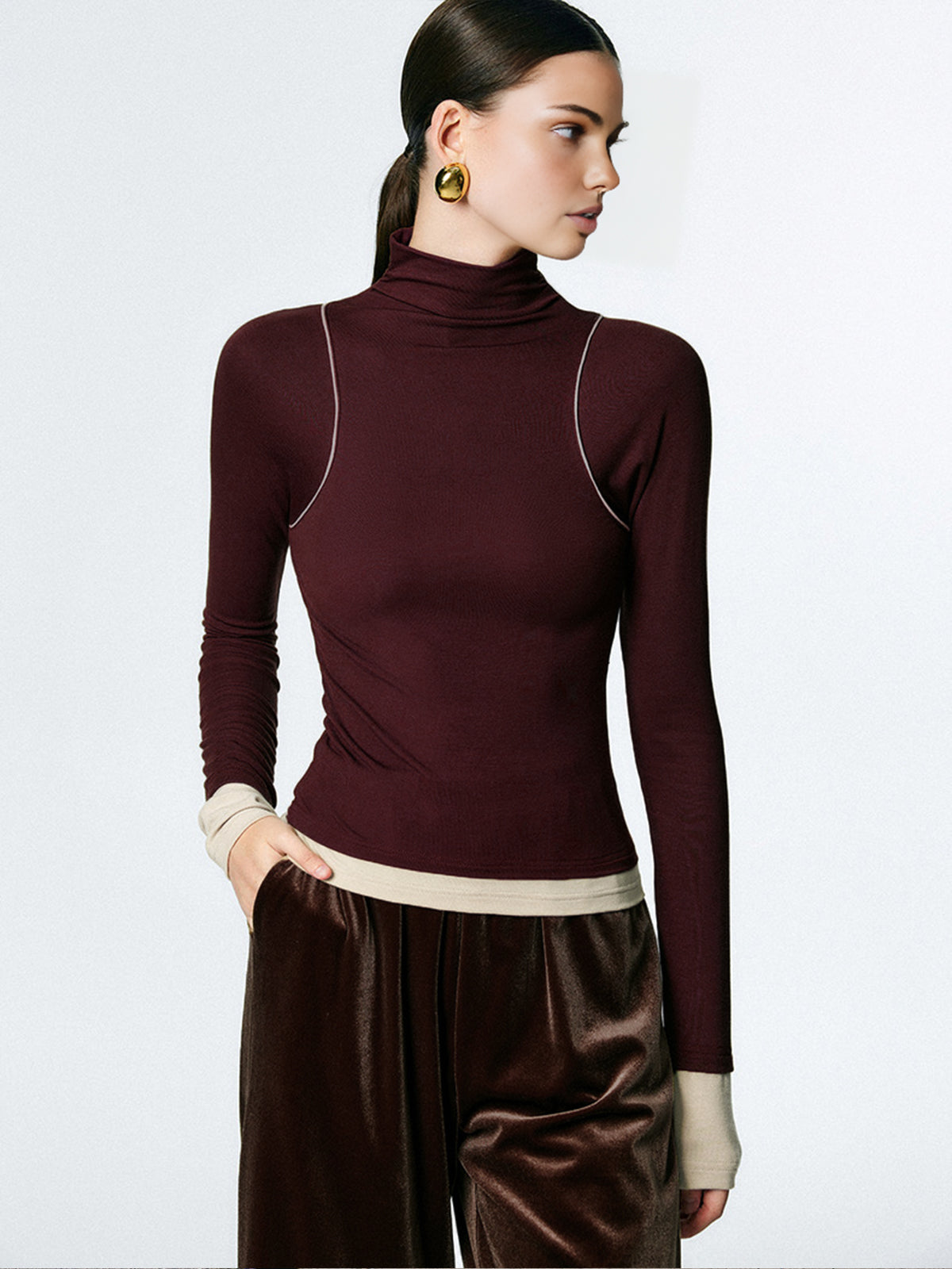 Mock Neck Contrast Binding Jersey Top-Chicvia